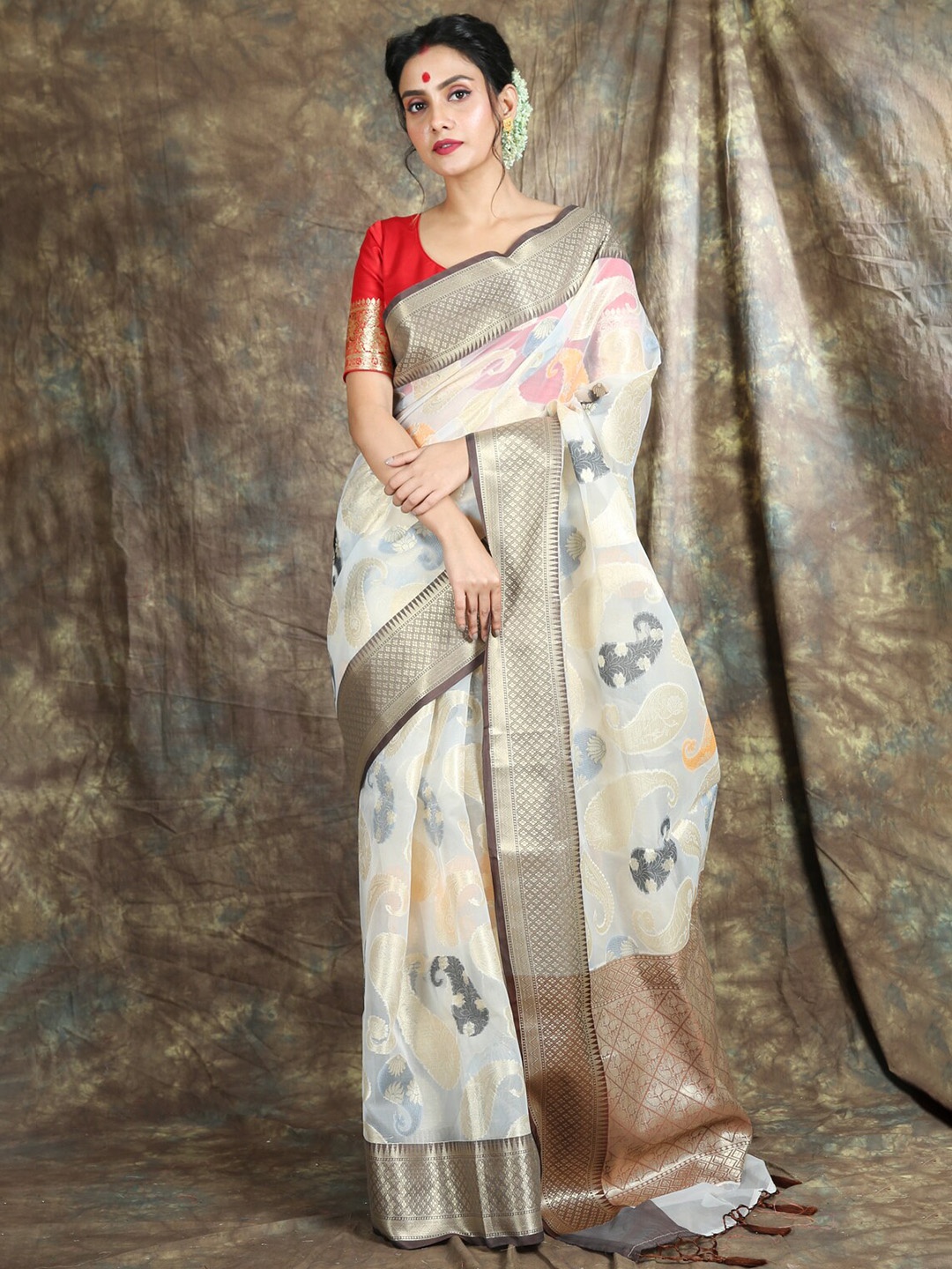 

Charukriti White & Grey Paisley Organza Saree