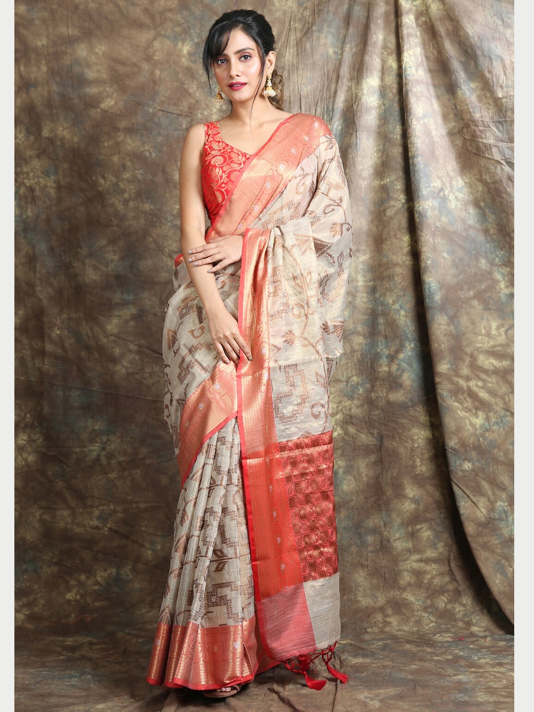 

Charukriti Cream-Coloured & Red Woven Design Zari Tissue Saree