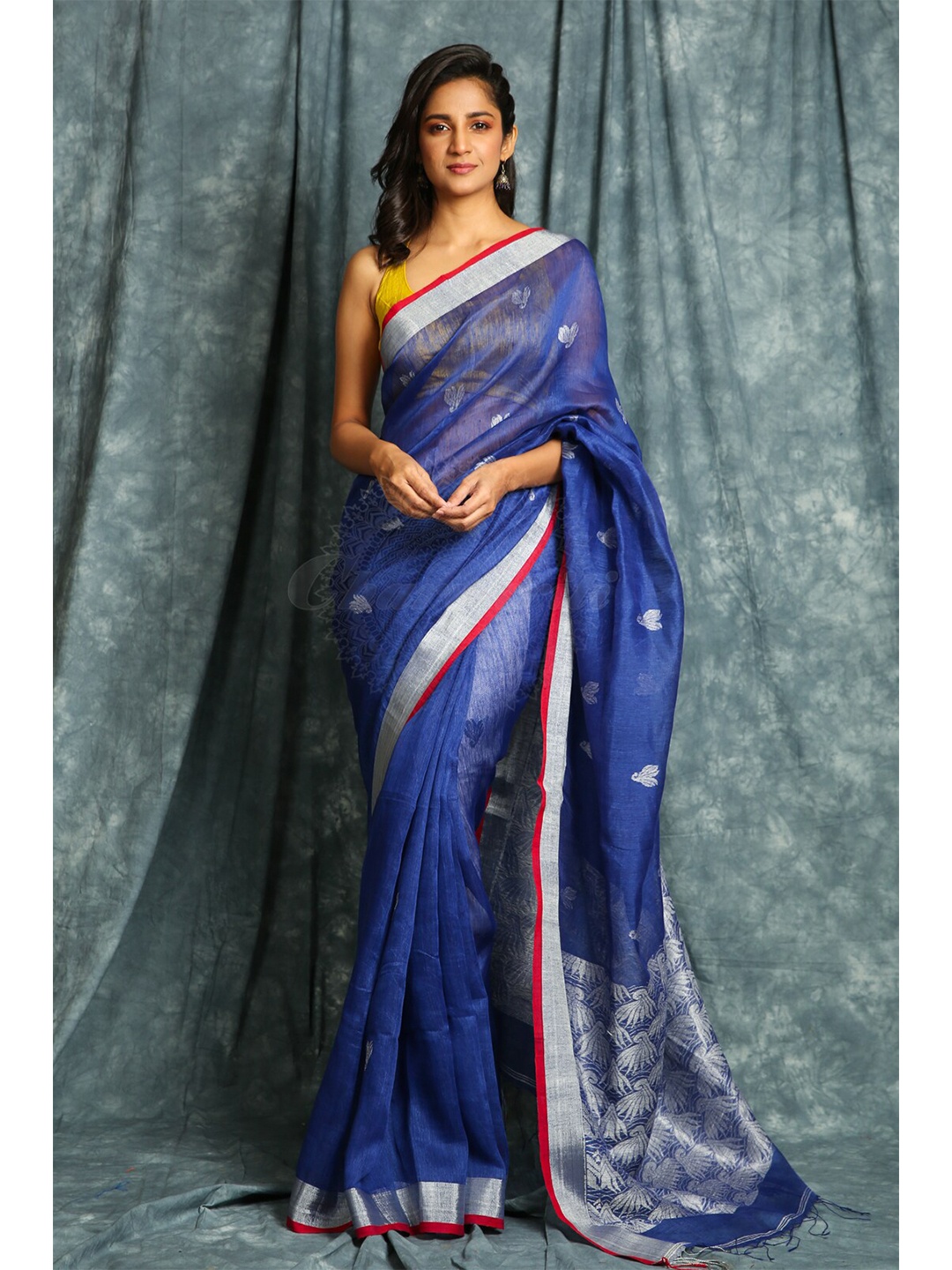 

Charukriti Blue & Silver-Toned Ethnic Motifs Woven Zari Saree