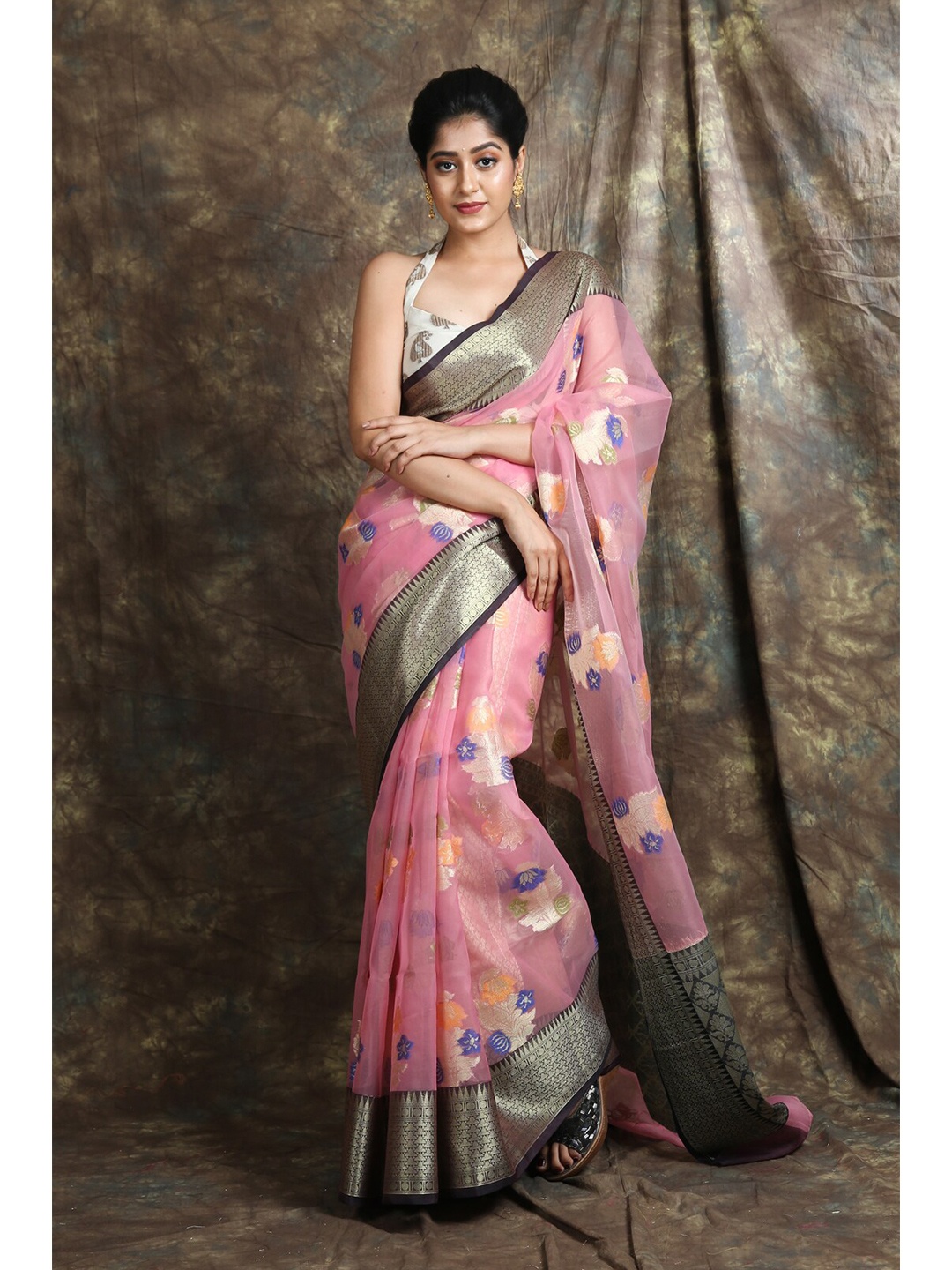 

Charukriti Pink Woven Design Organza Saree