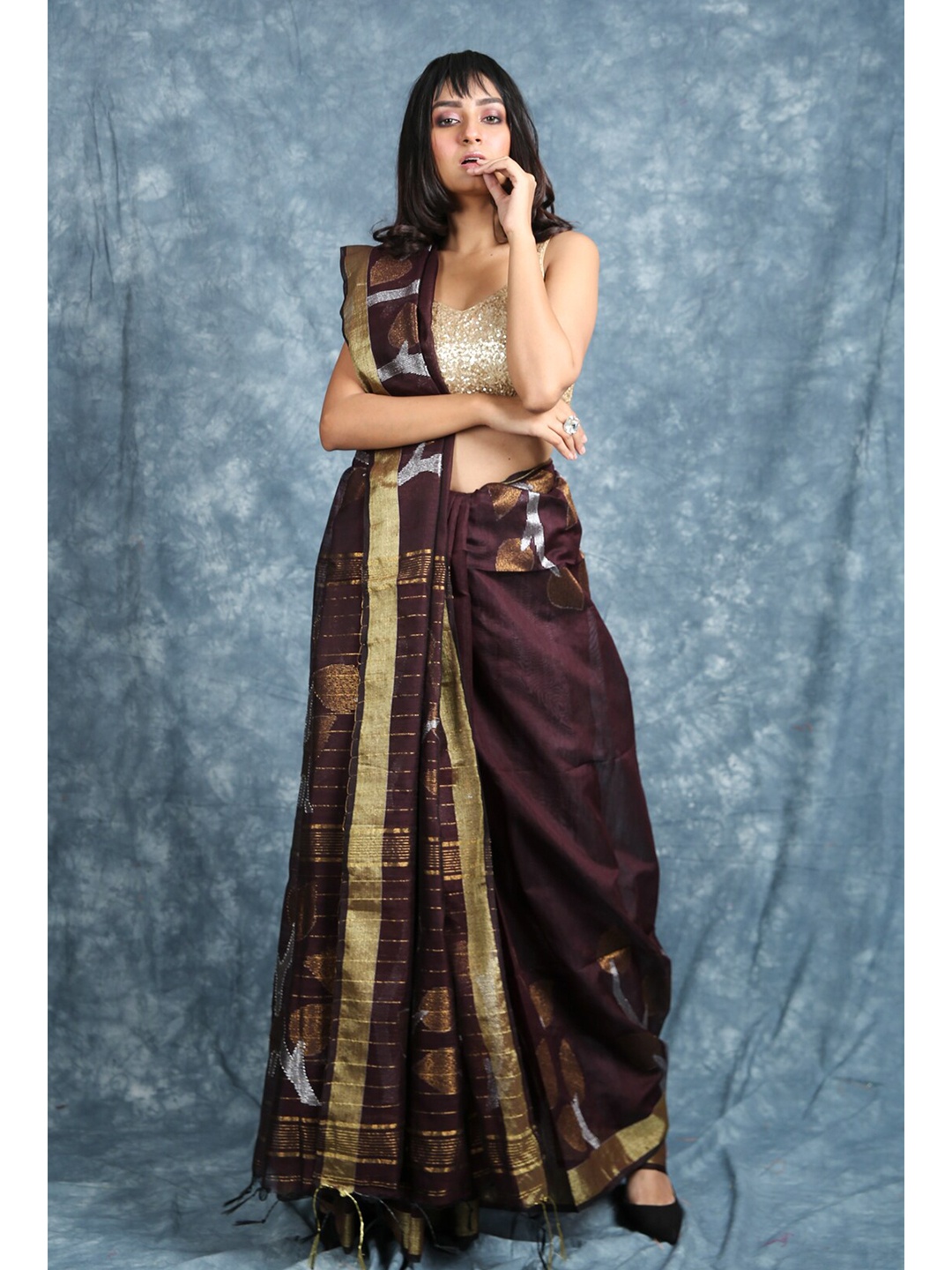 

Charukriti Brown & Gold-Toned Woven Design Zari Saree