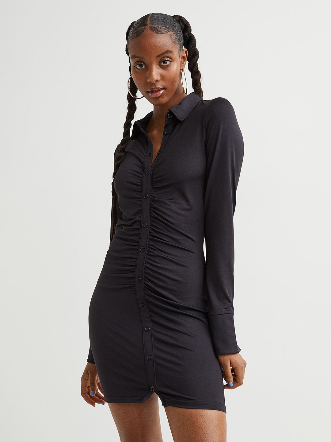 

H&M Women Black Solid Draped Shirt Dress