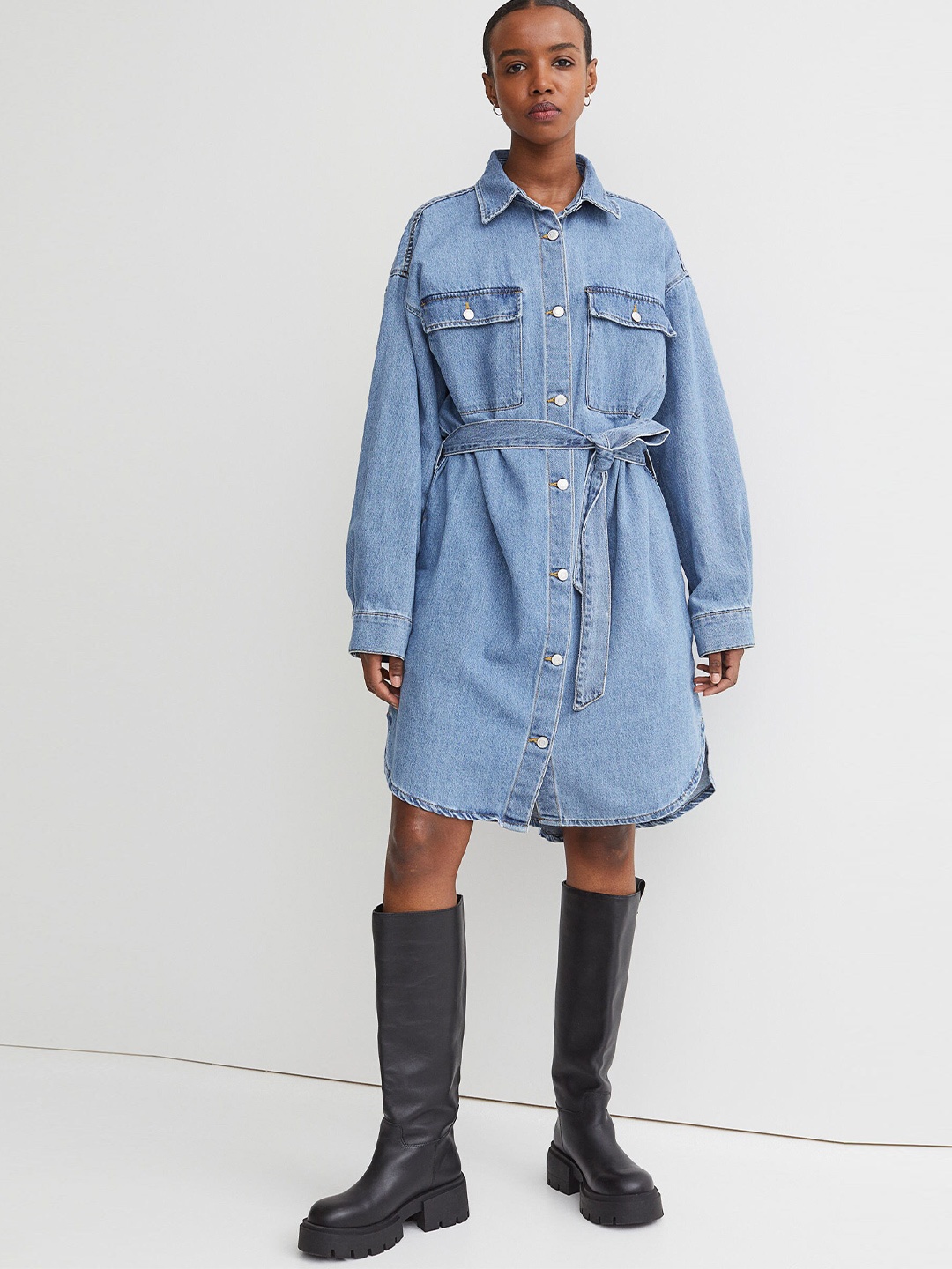 

H&M Women Blue Tie-belt Denim Dress