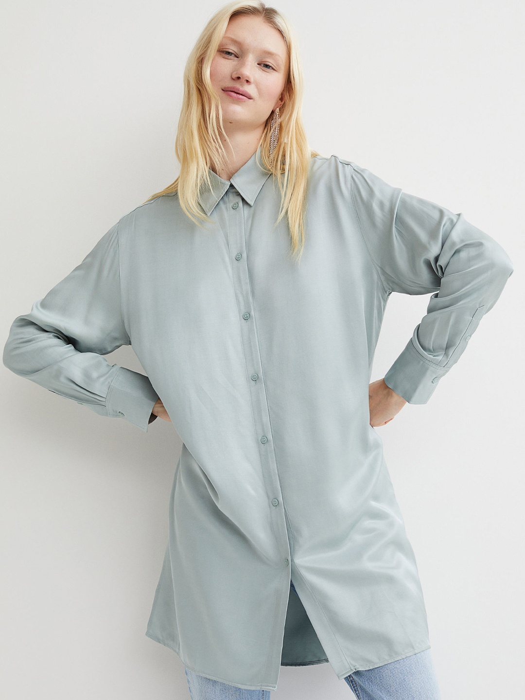 

H&M Women Turquoise Blue Long Satin Shirt