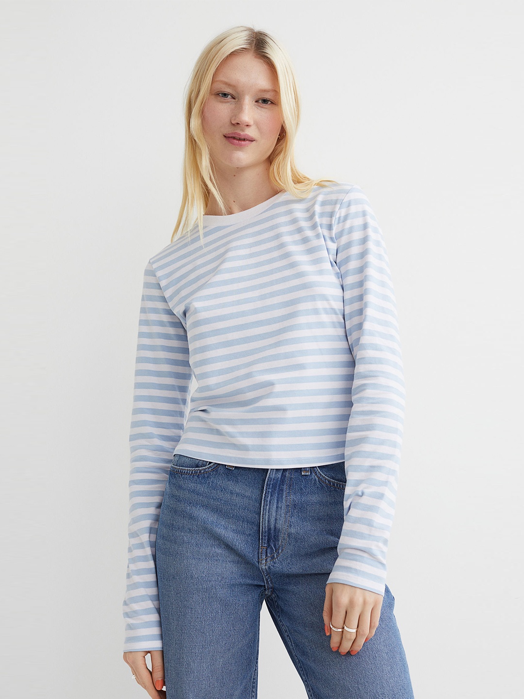 

H&M Women Blue & White Long-Sleeved Cotton Top