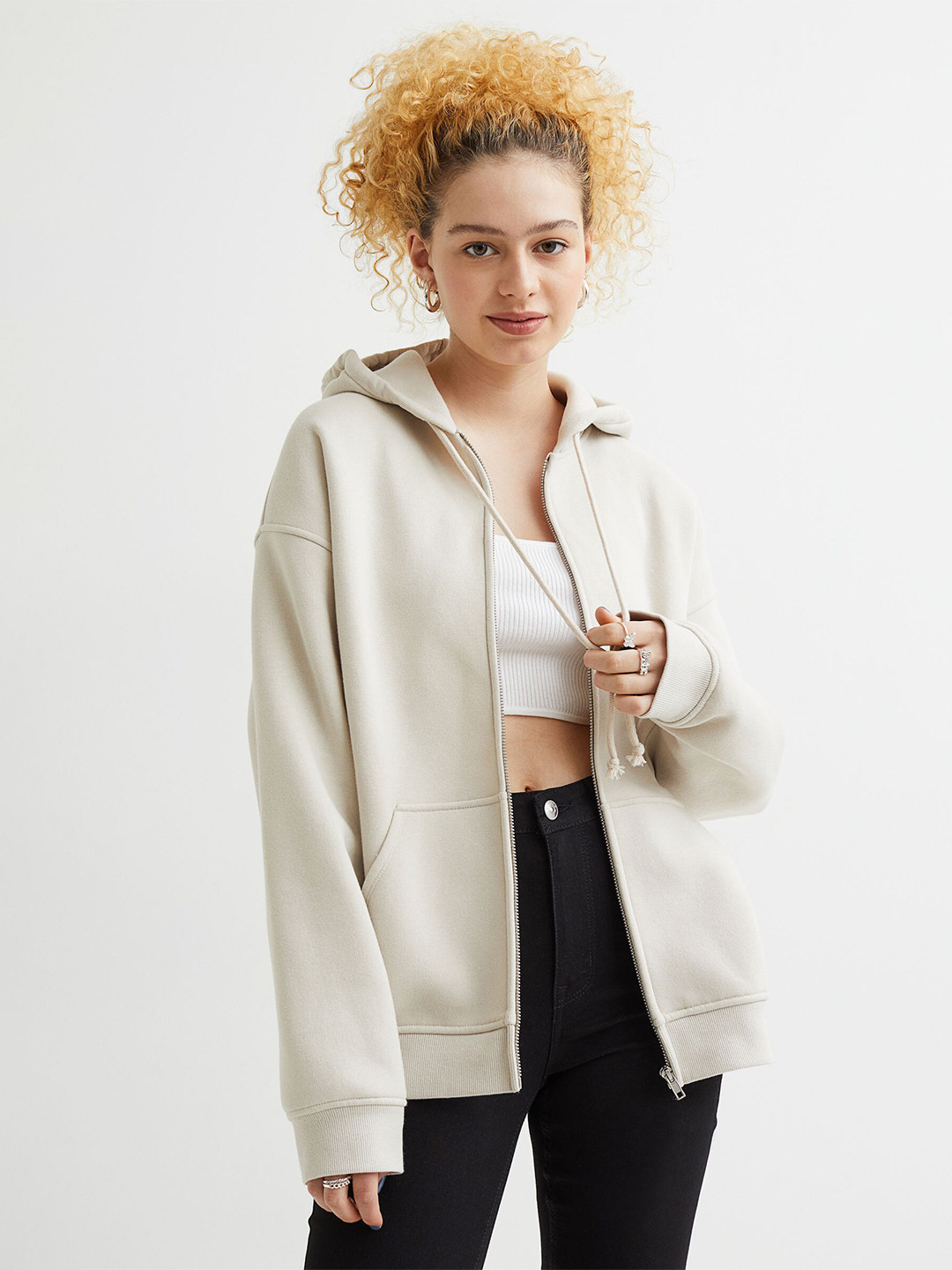 

H&M Women Beige Oversized Zip-Through Hoodie