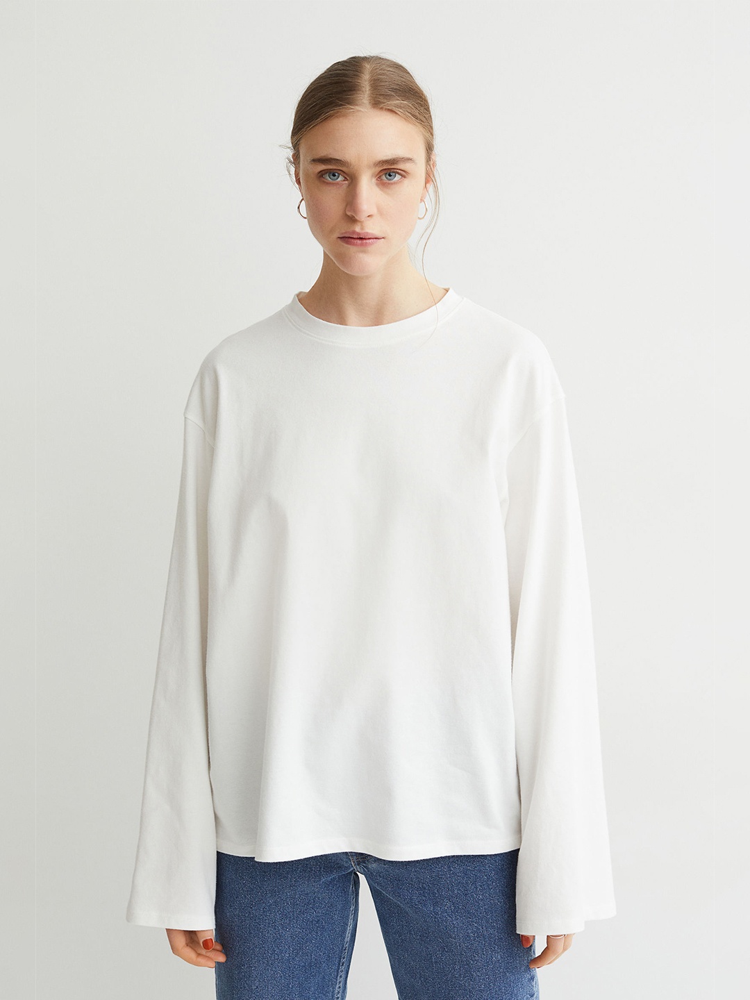 

H&M Women White Solid Long-Sleeved Pure Cotton Top