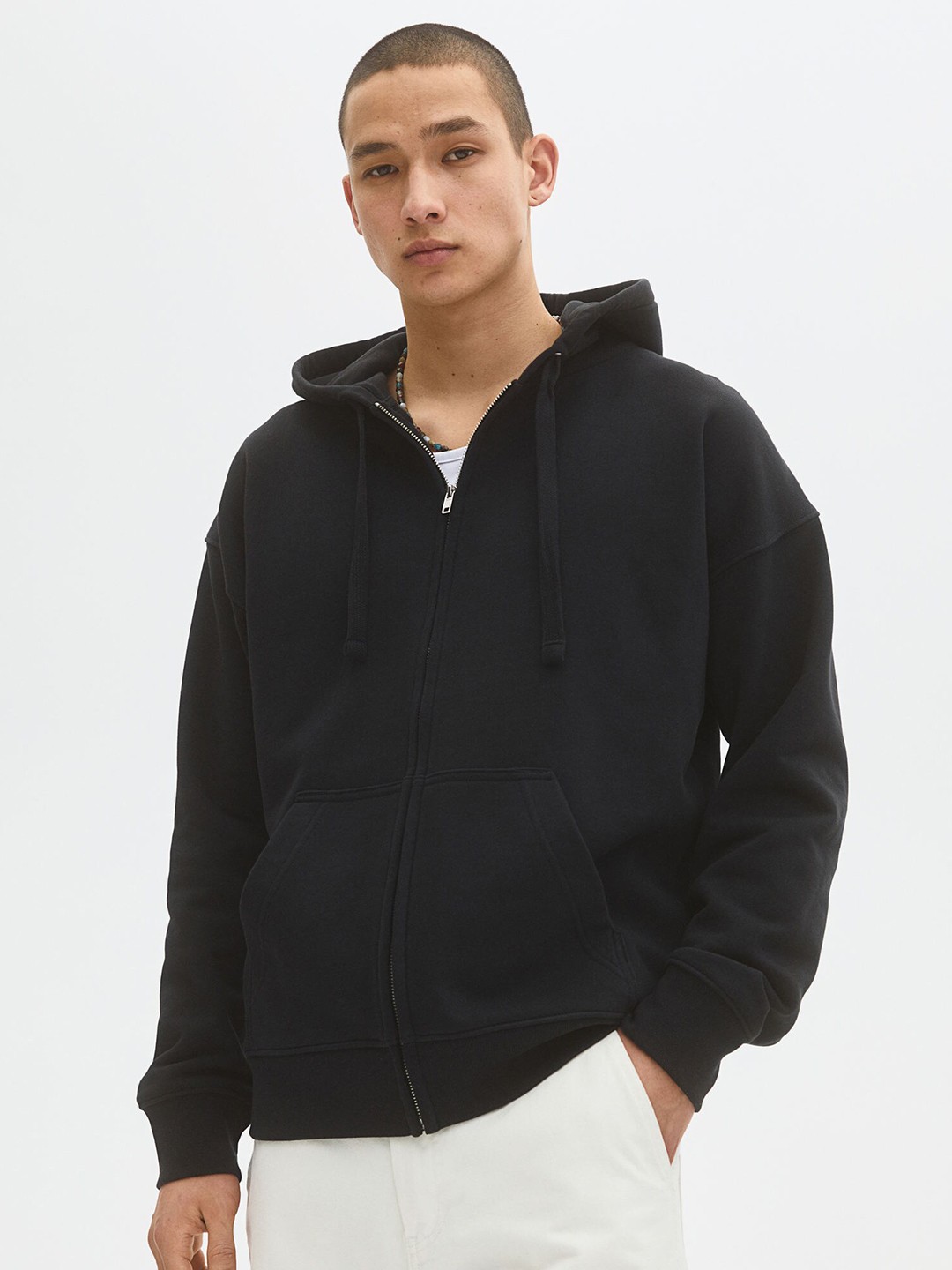 

H&M Men Black Solid Oversized Fit Cotton Zip-Through Hoodie