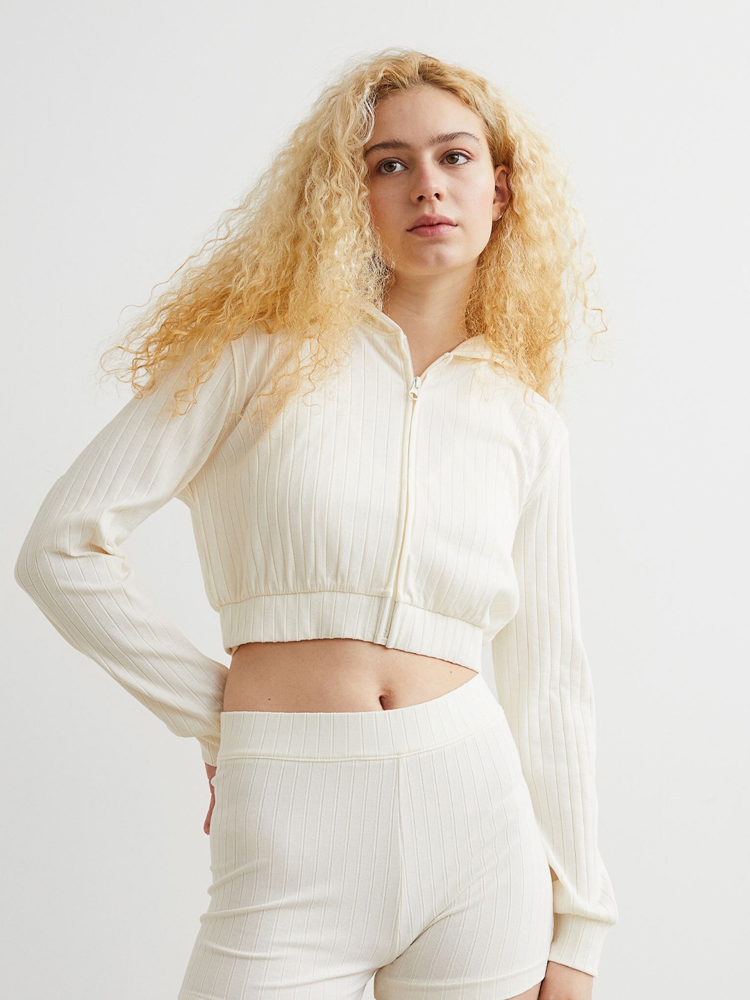 

H&M Women White Cropped Zip-through Hoodie