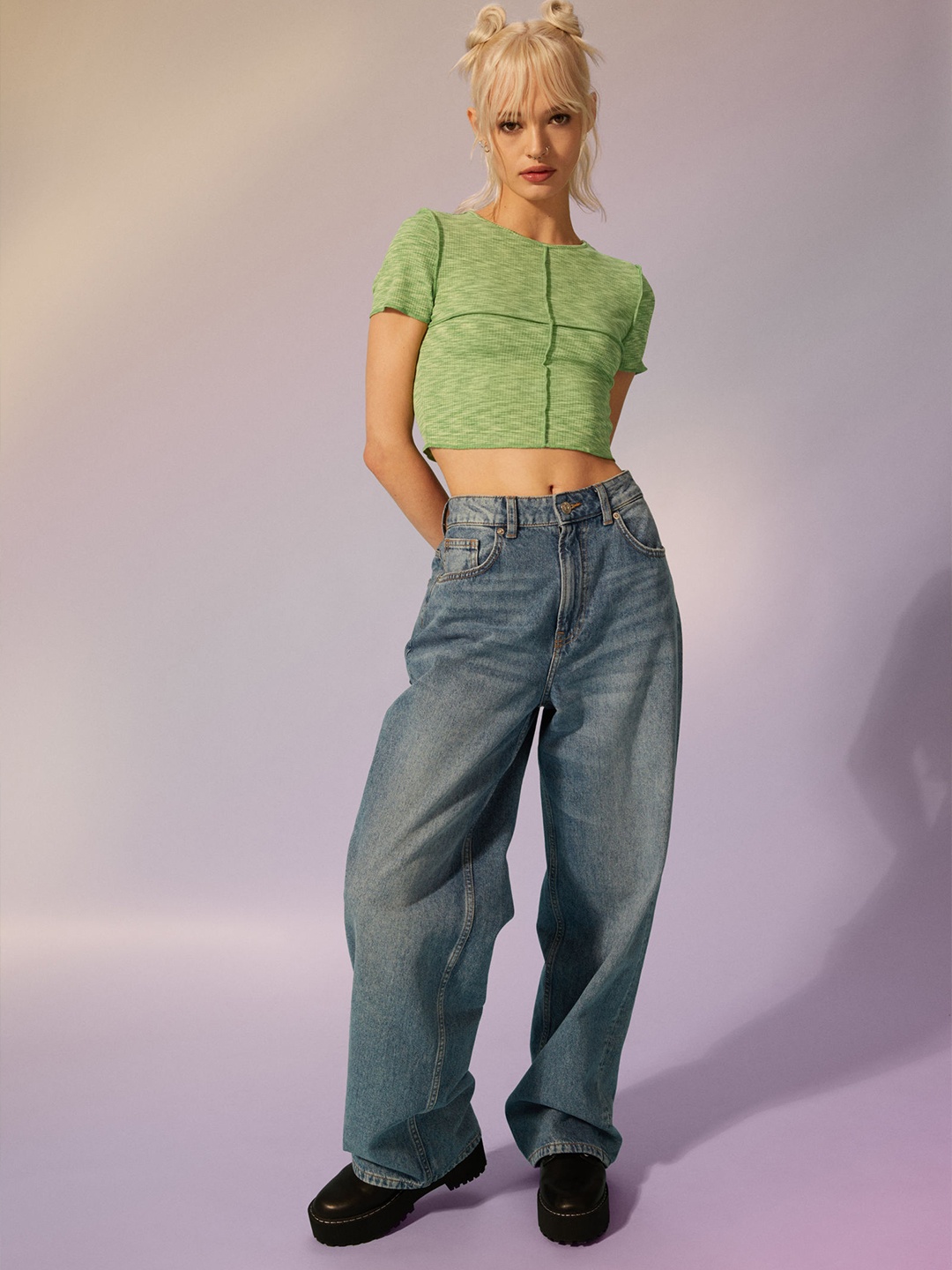 

H&M Women Green Self Design Cropped top