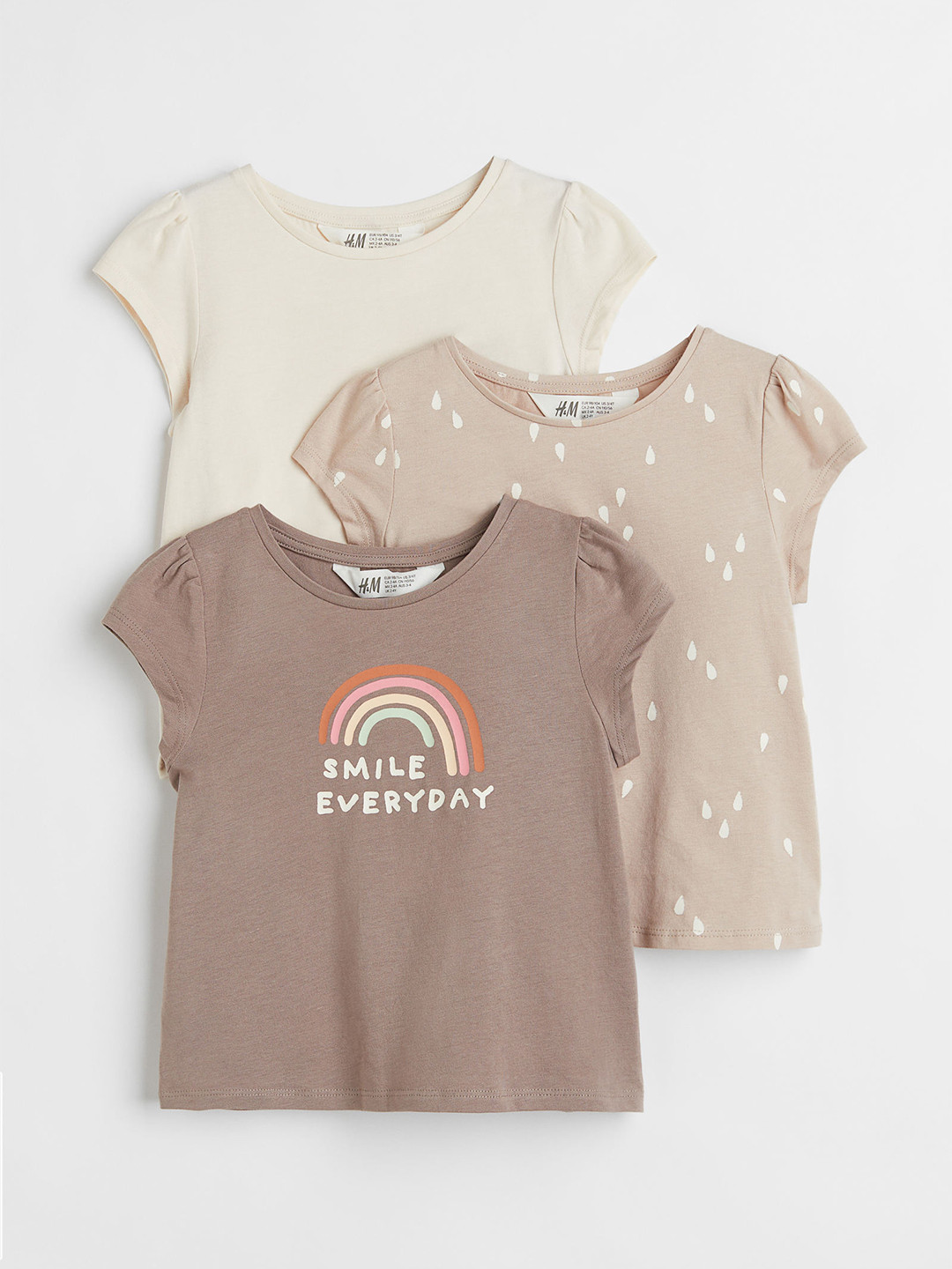 

H&M Girls Beige Cotton 3-Pack Jersey Tops
