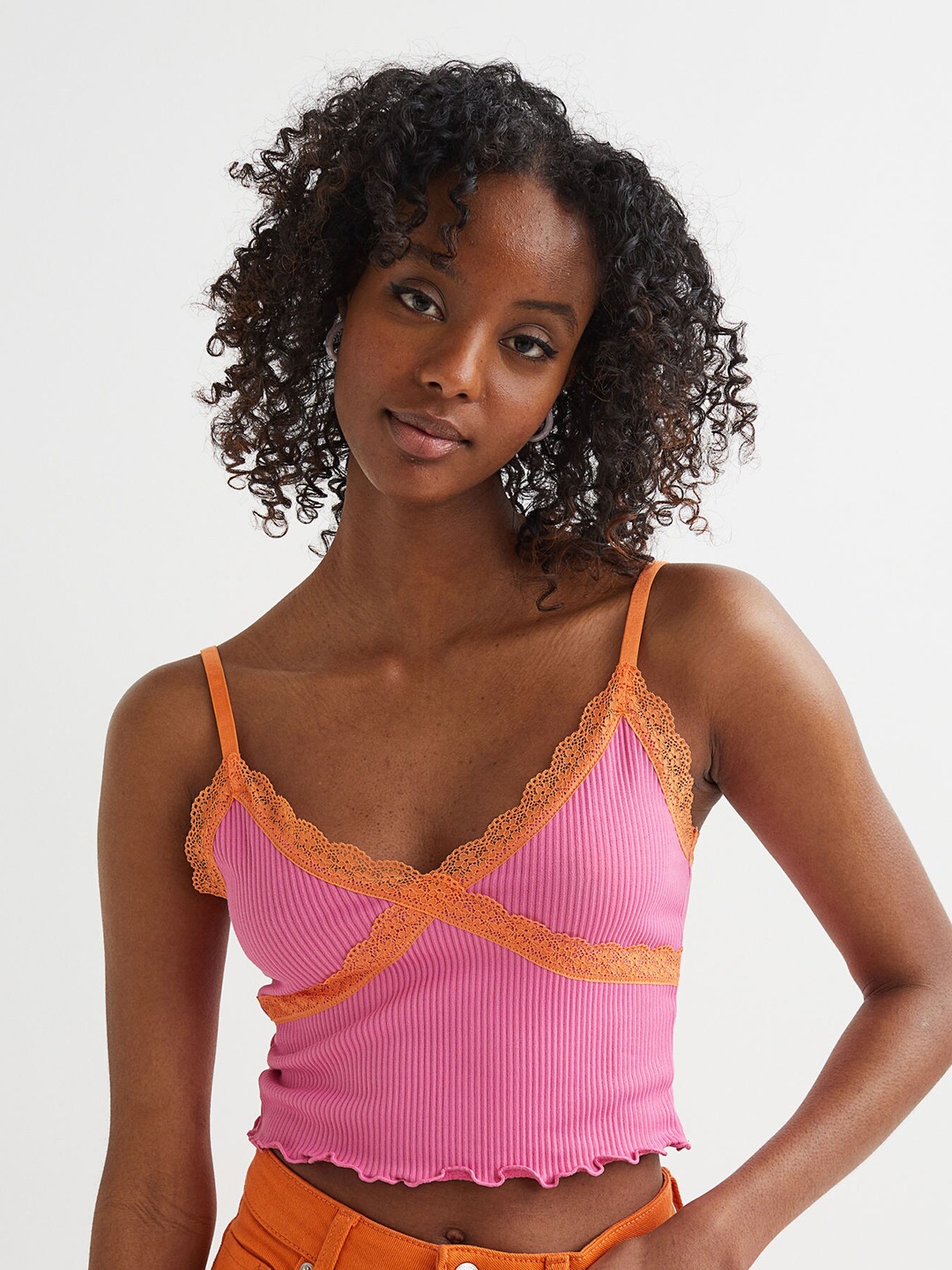 

H&M Women Pink Ribbed Cropped Top