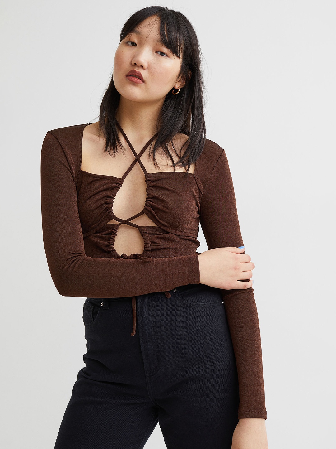 

H&M Women Brown Cropped Cut-Out Top