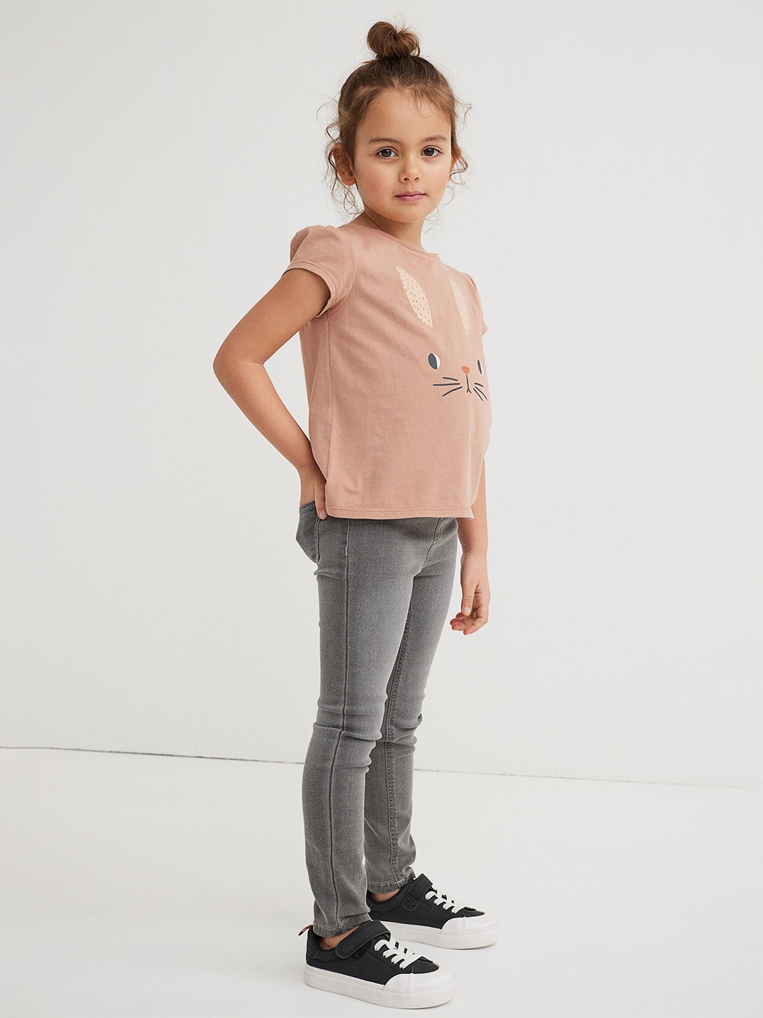 

H&M Girls Beige & Black Printed Puff-Sleeved Jersey Top