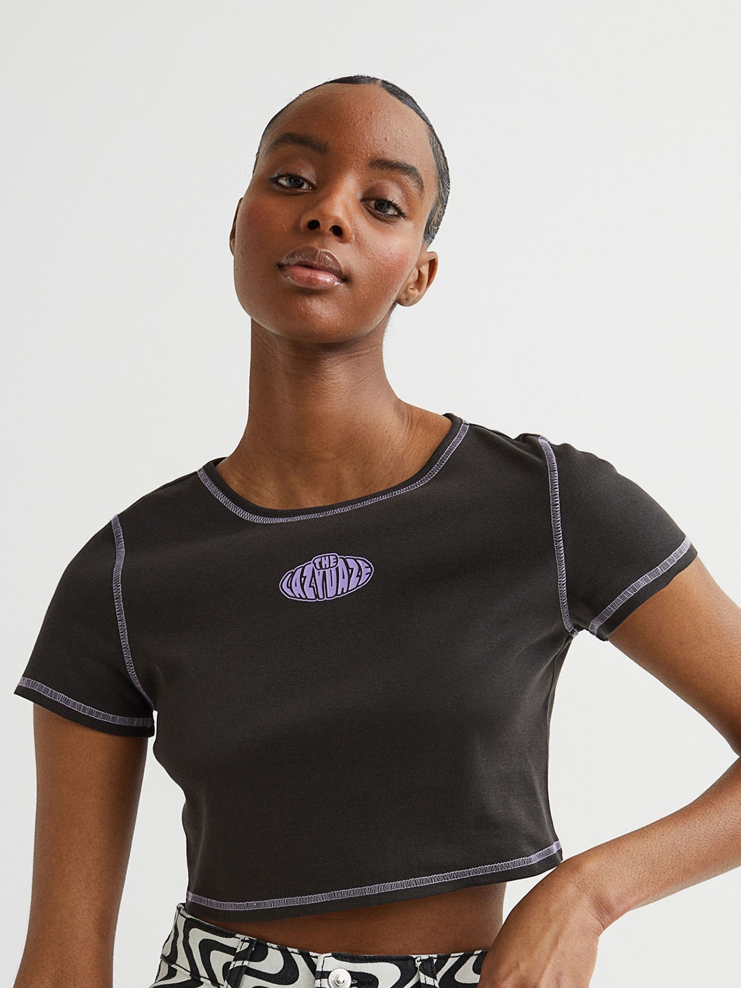 

H&M Women Grey Pure Cotton Cropped Top