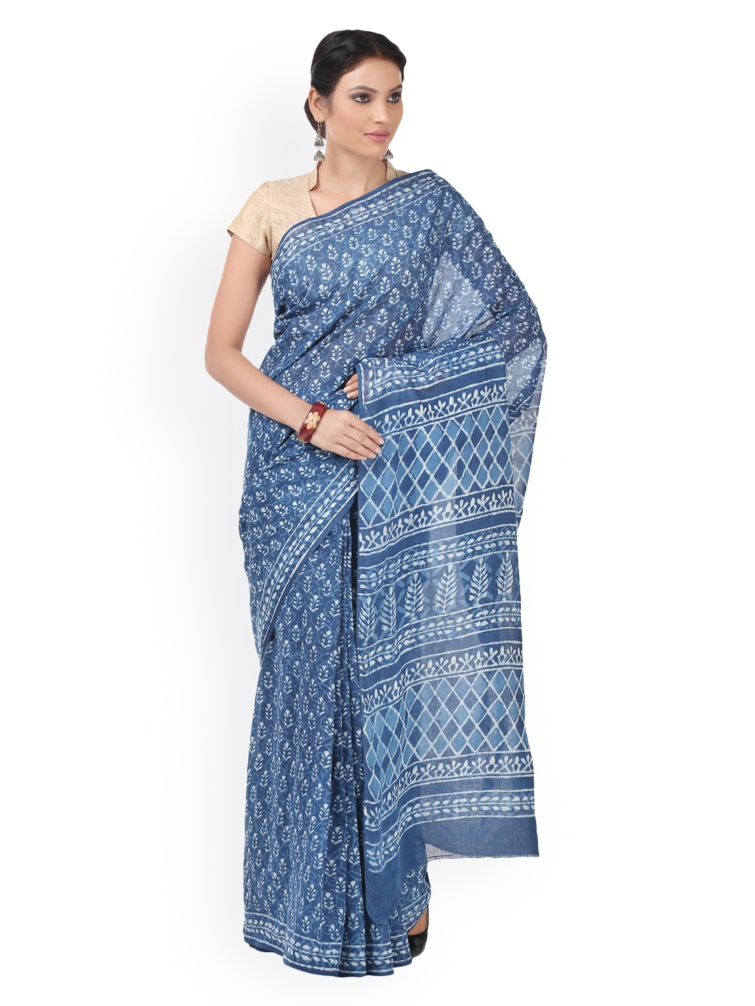 

Kalakari India Indigo Dabu Hand Block Print Handcrafted Cotton Sustainable Saree, Blue