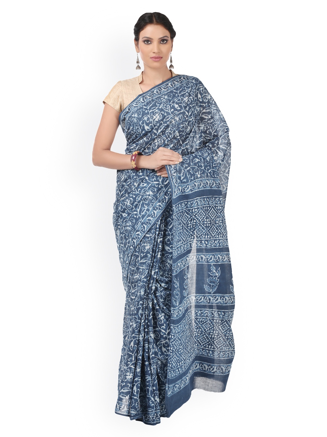 

Kalakari India Indigo Dabu Hand Block Print Handcrafted Cotton Sustainable Saree, Blue