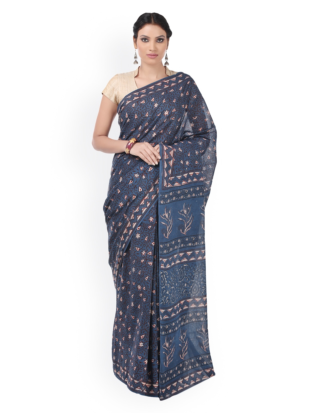 

Kalakari India Blue Cotton Tarapur Hand Block Print Traditional Handloom Sustainable Saree