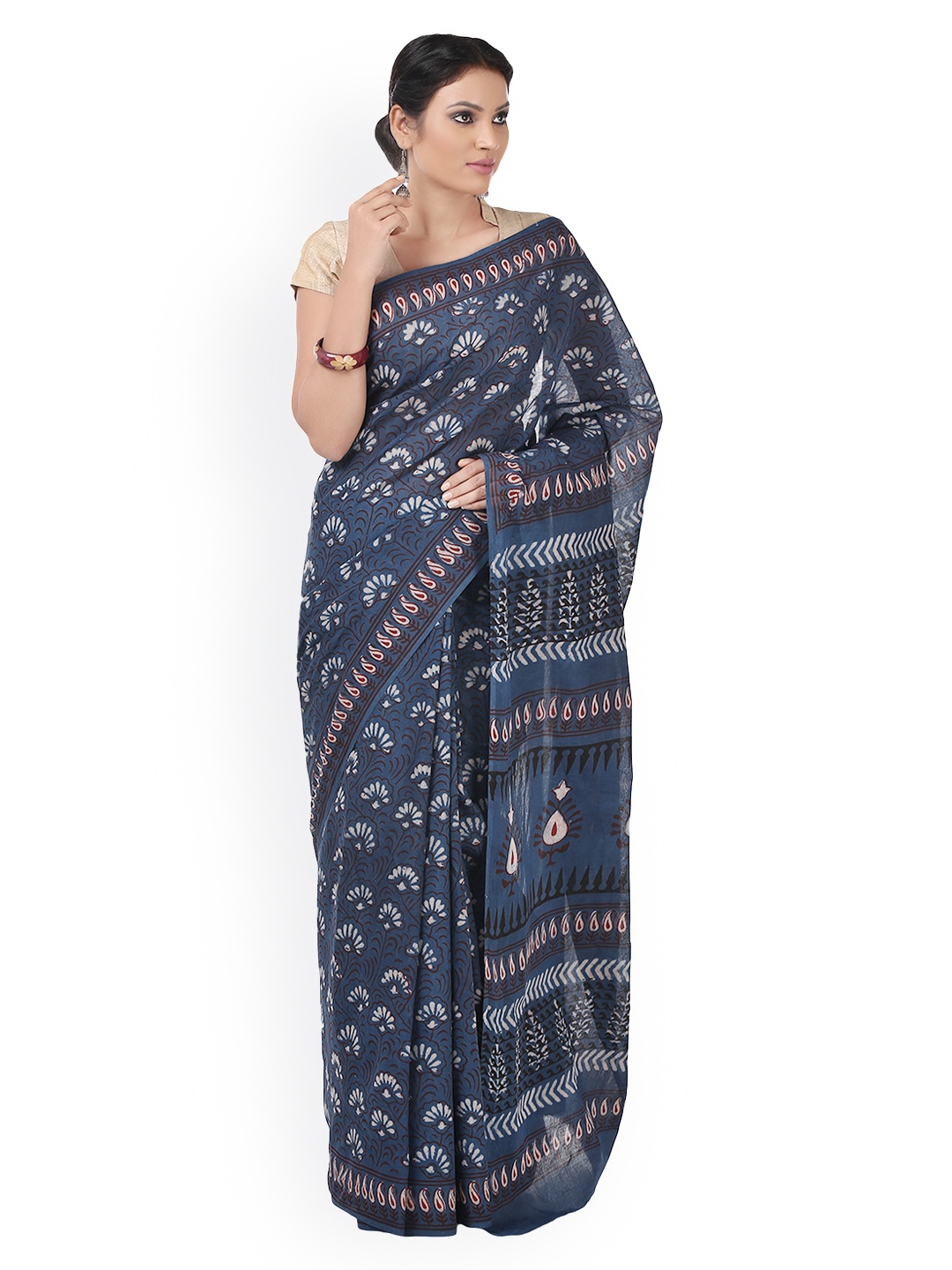 

Kalakari India Indigo Tarapur Hand Block Print Handcrafted Cotton Sustainable Saree, Blue