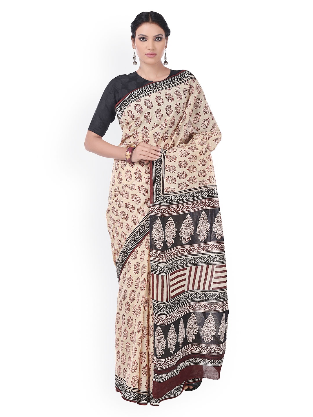 

Kalakari India Beige Bagh Hand Block Print Handcrafted Cotton Sustainable Saree