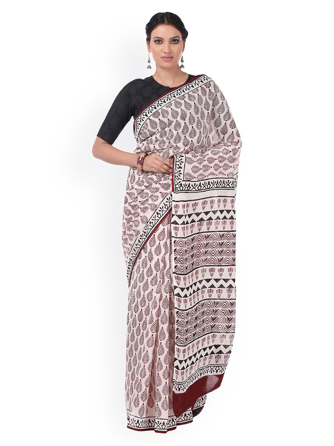 

Kalakari India White & Maroon Bagh Hand Block Print Handcrafted Cotton Sustainable Saree, Beige