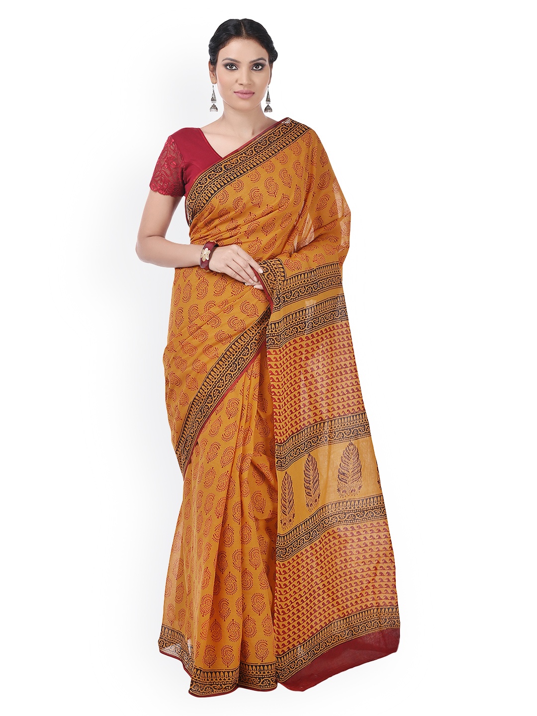 

Kalakari India Orange Bagh Hand Blocj Print Handcrafted Cotton Sustainable Saree