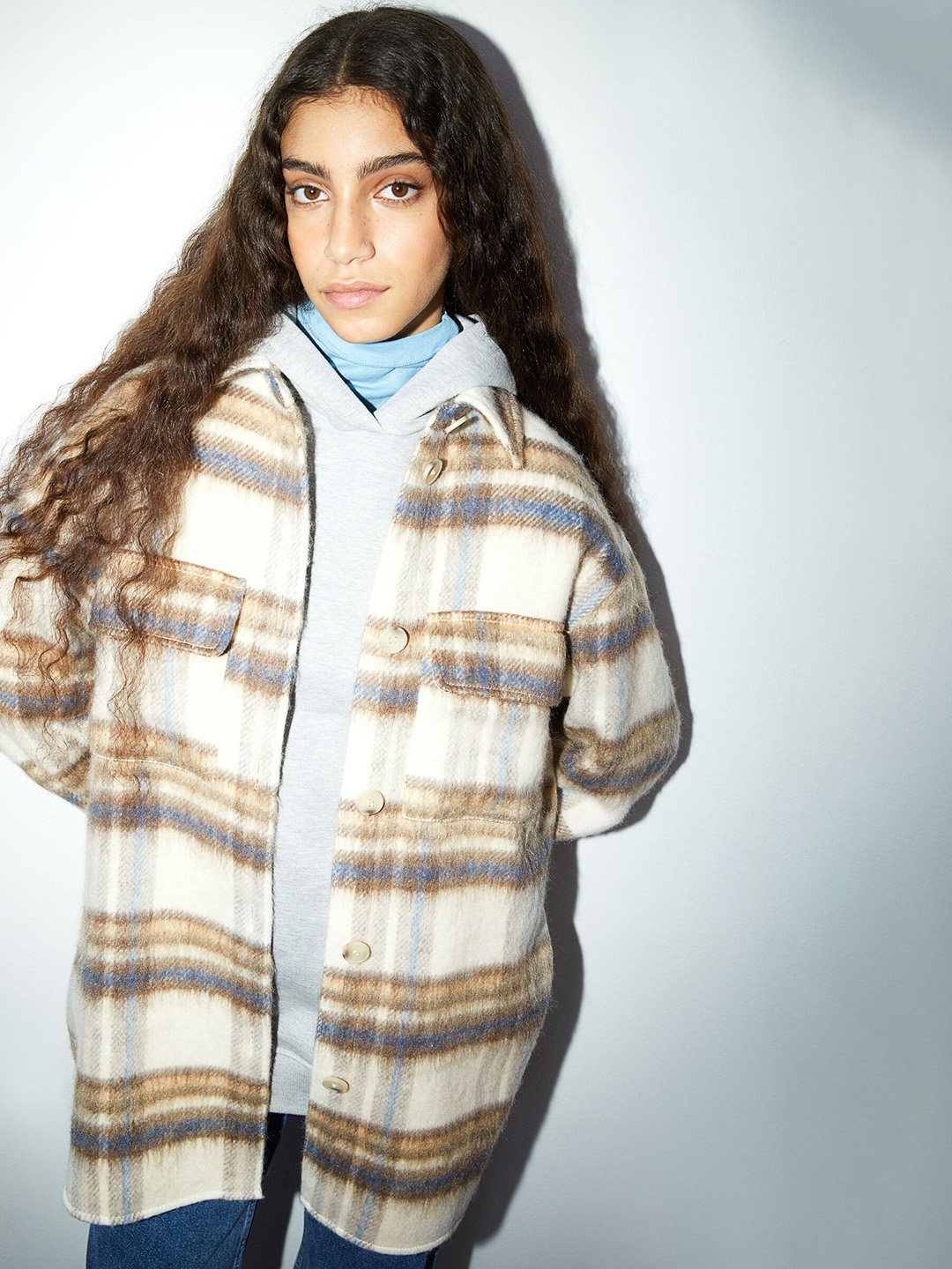 

H&M Women Beige & Brown Checked Oversized Shirt Jacket