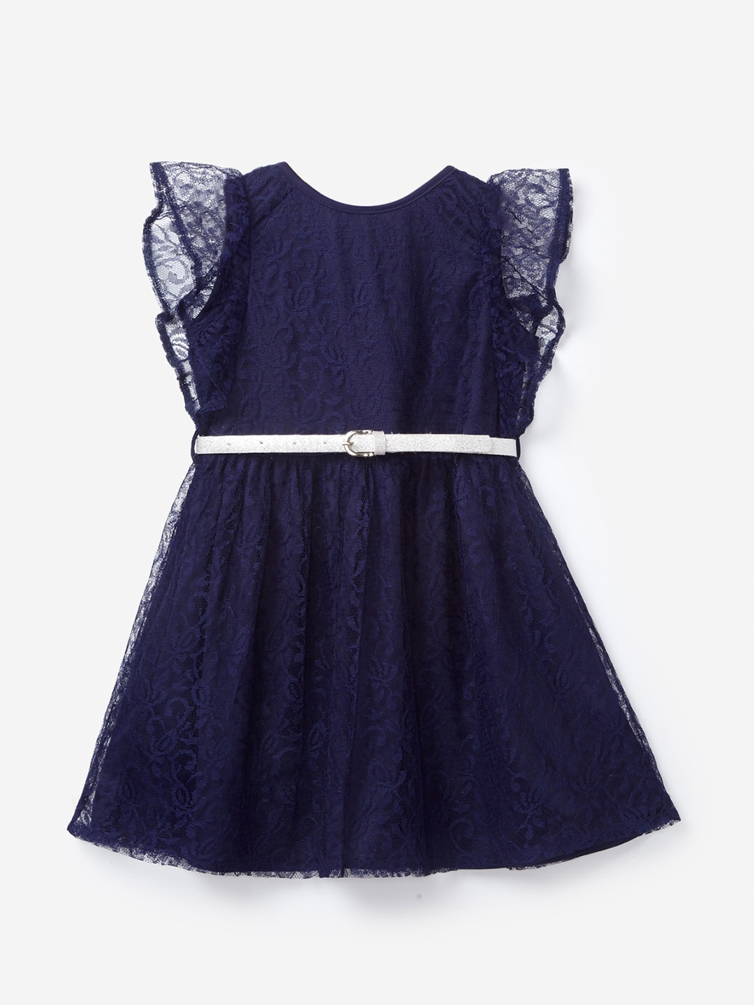 

YK Girls Navy Blue Belted Lace Dress