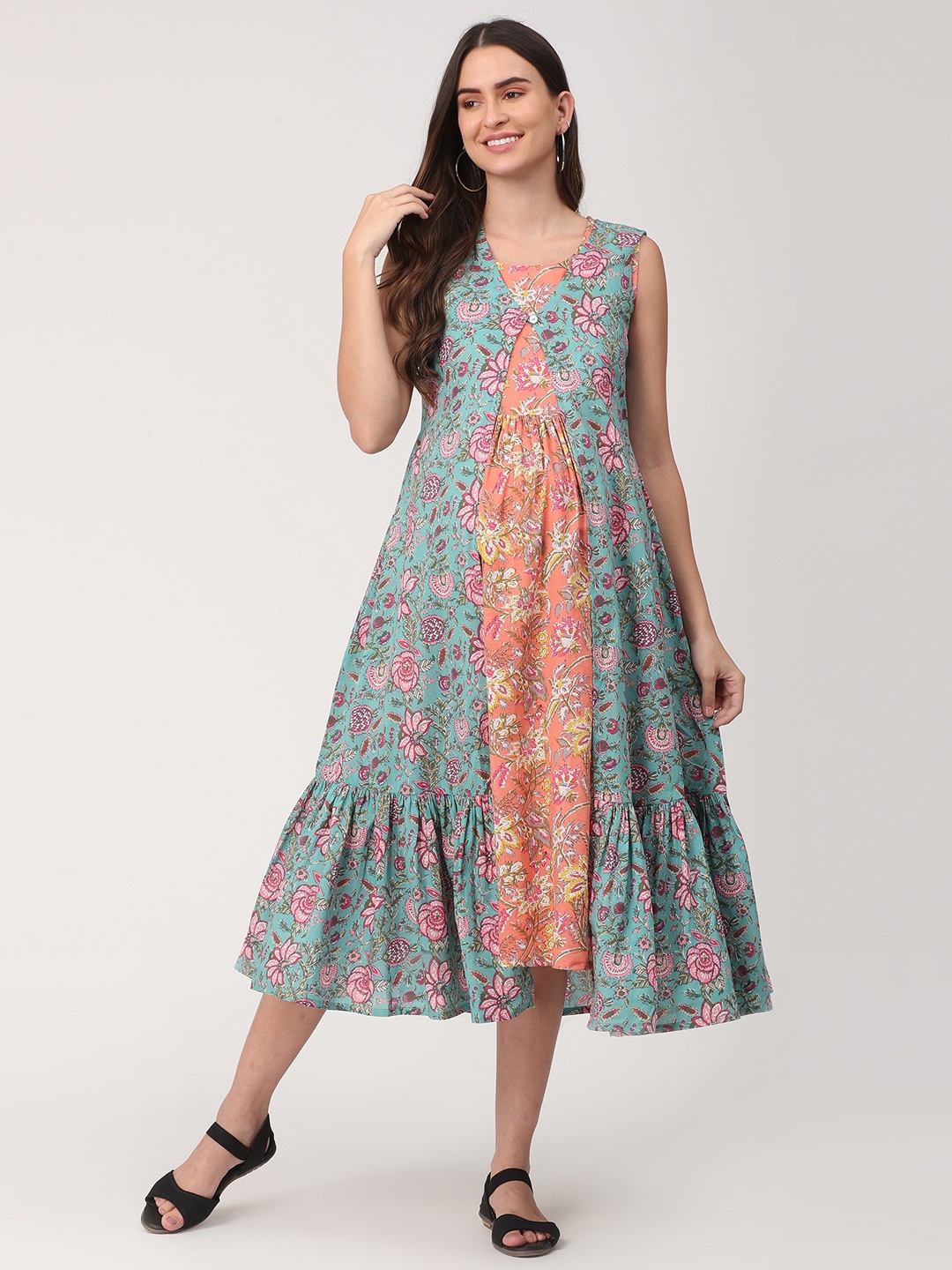 The Mom Store Peach-Coloured & Yellow Ethnic Motifs Maternity Midi Dress