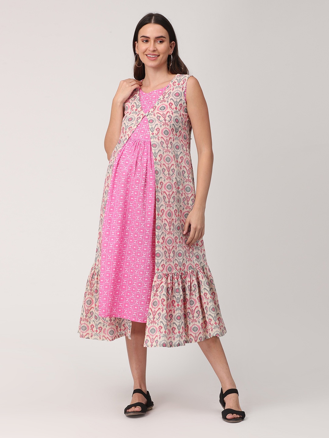 

The Mom Store Pink Ethnic Motifs Layered Maternity Midi Dress