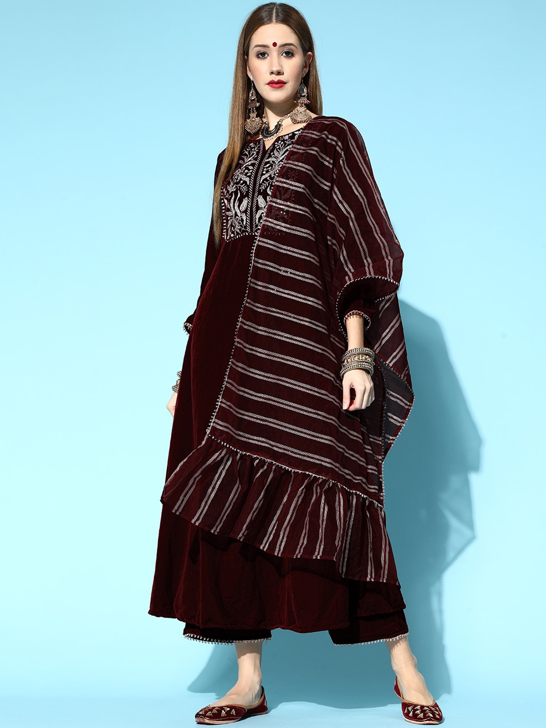 

Indo Era Women Maroon Embroidered Empire Velvet Kurti with Trousers & With Dupatta