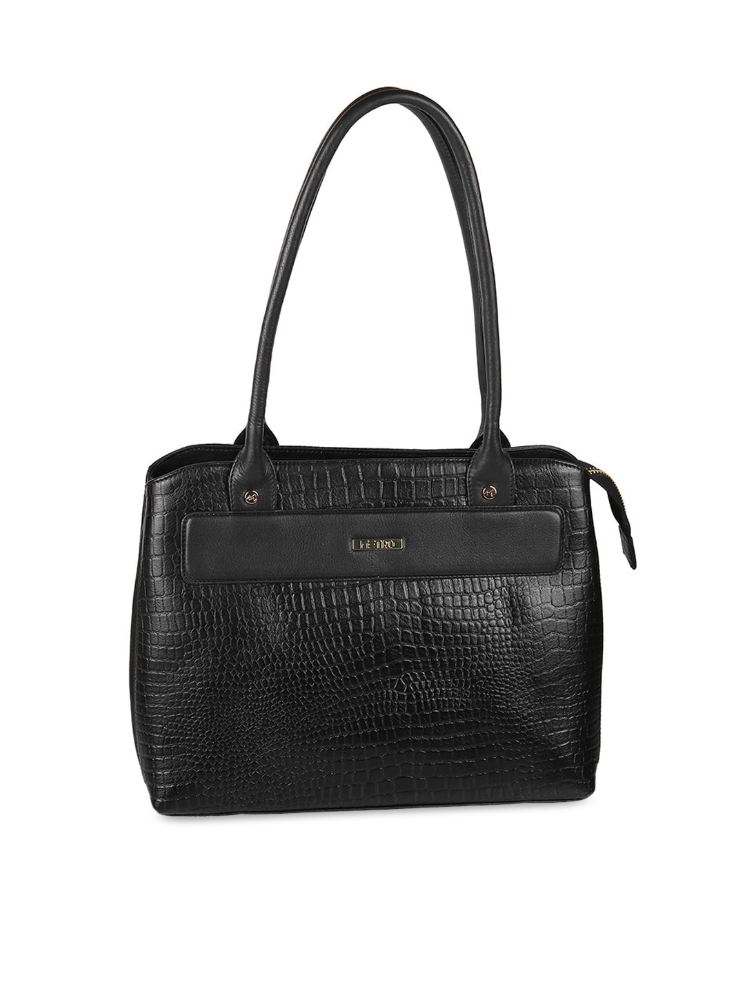 

Metro Black Textured Leather Structured Shoulder Bag with Cut Work