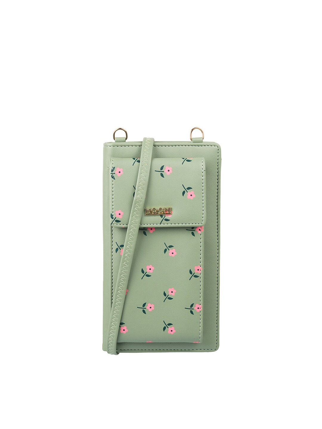

Mochi Women Green & Pink Floral Printed PU Card Holder with Sling Strap