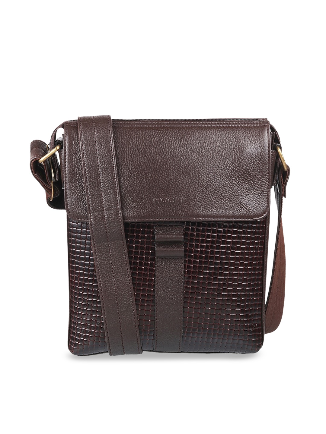 

Mochi Brown Textured Leather Structured Sling Bag with Fringed