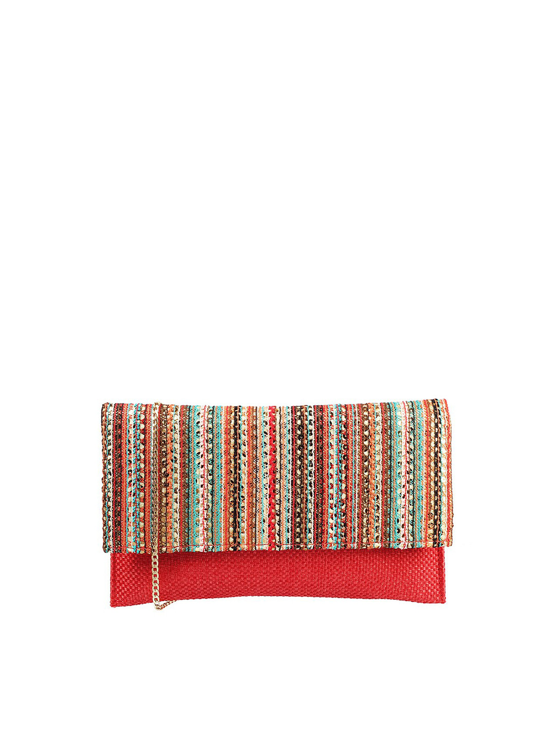 

Mochi Red & Multicoloured Embroidered Foldover Clutch With Metal Strap