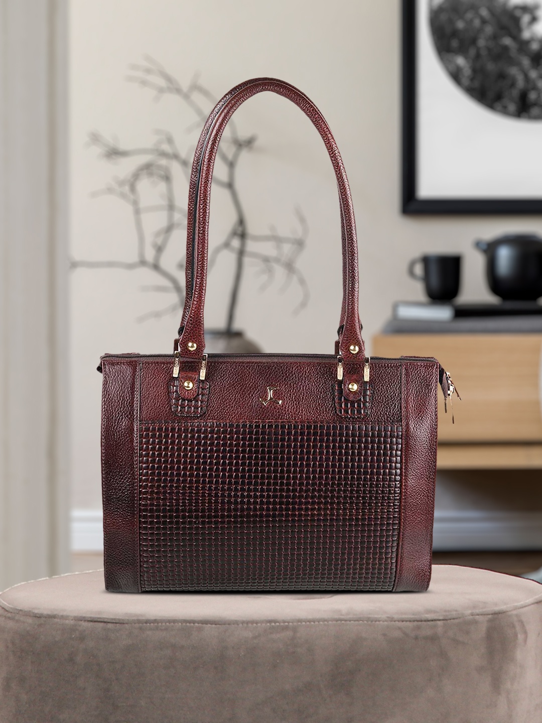

Mochi Brown Textured Leather Structured Shoulder Bag