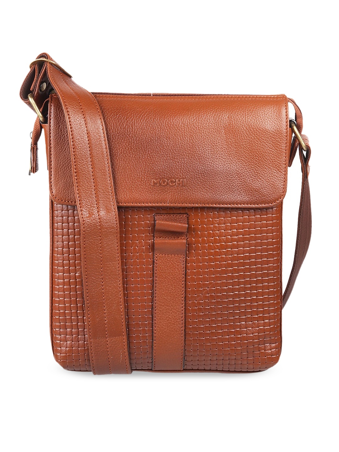 

Mochi Tan Textured Leather Structured Sling Bag with Cut Work