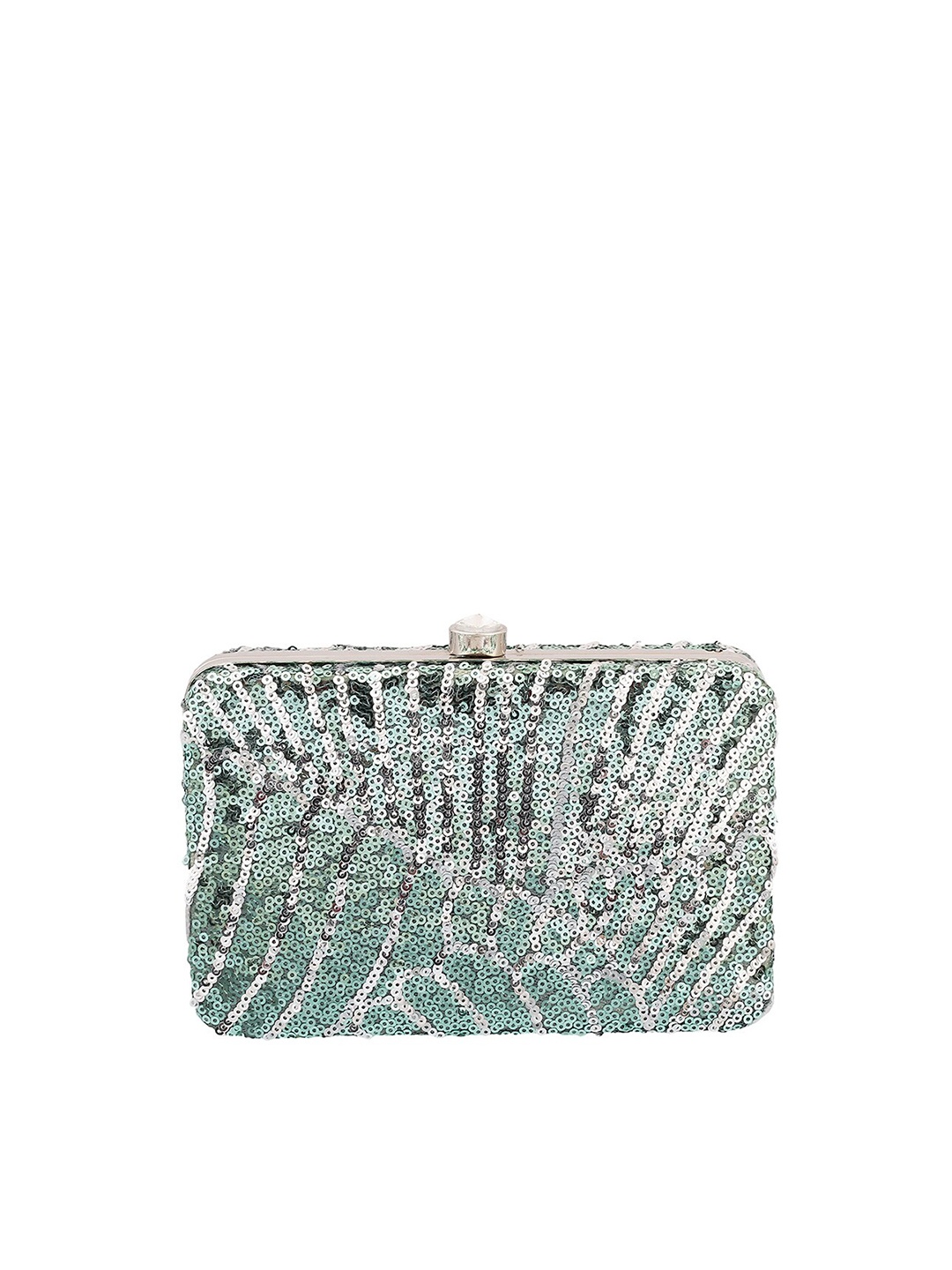 

Mochi Green & Silver-Toned Embellished Box Clutch