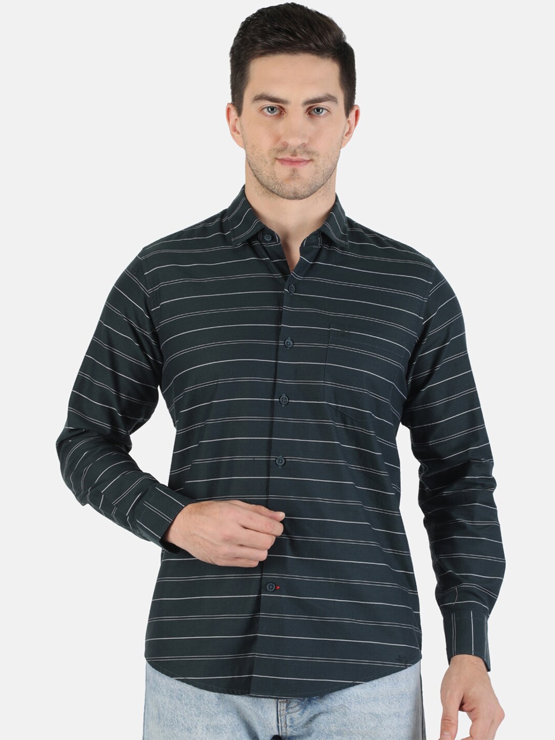

Monte Carlo Men Green Classic Horizontal Striped Casual Shirt