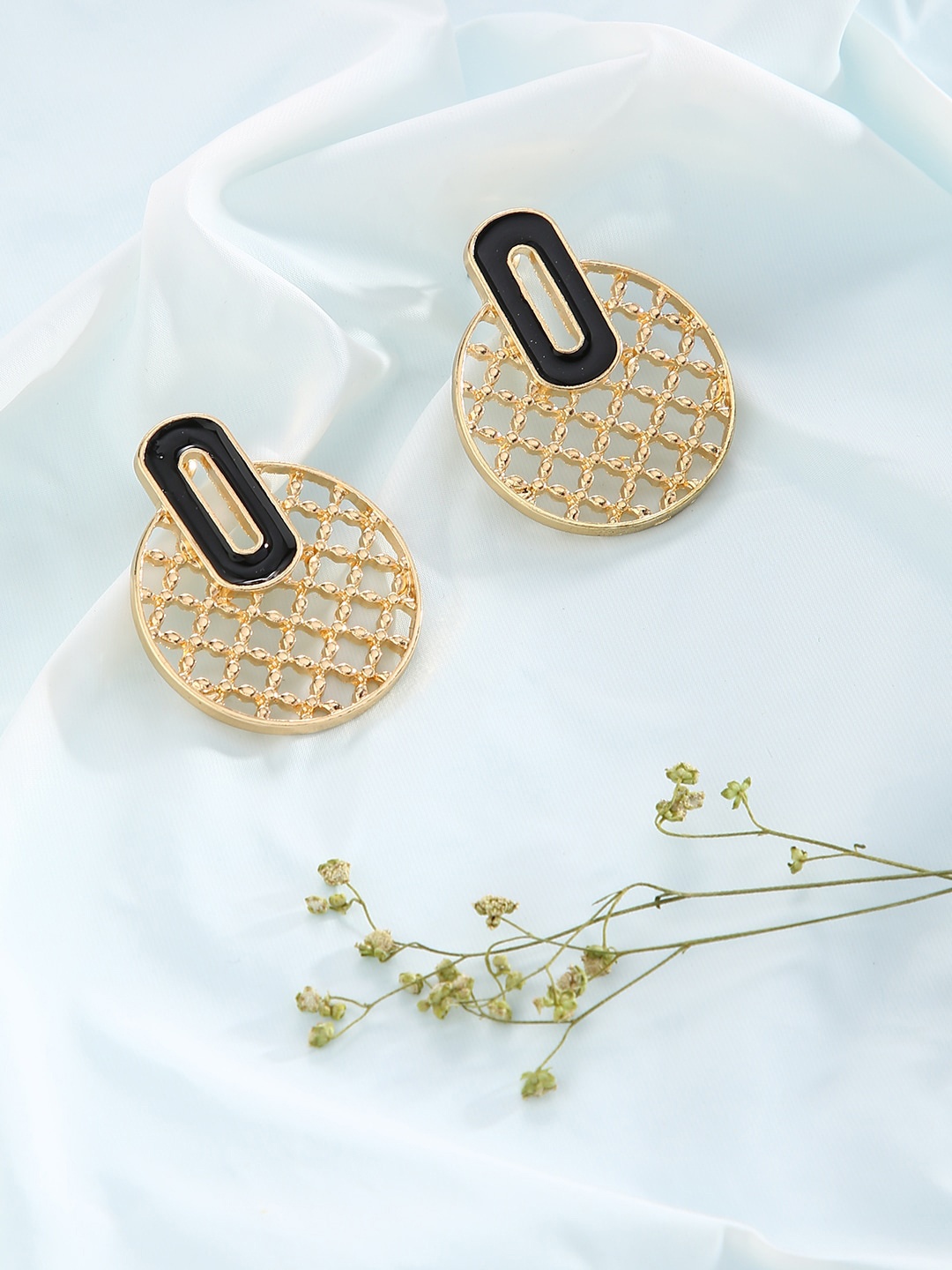 

Just Peachy Gold-Plated & Black Circular Drop Earrings
