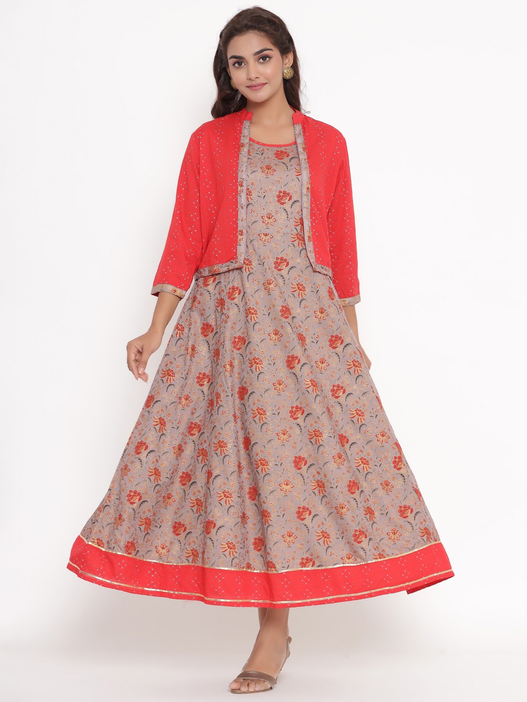 

VEDANA Grey & Red Ethnic Motifs Ethnic Maxi Dress