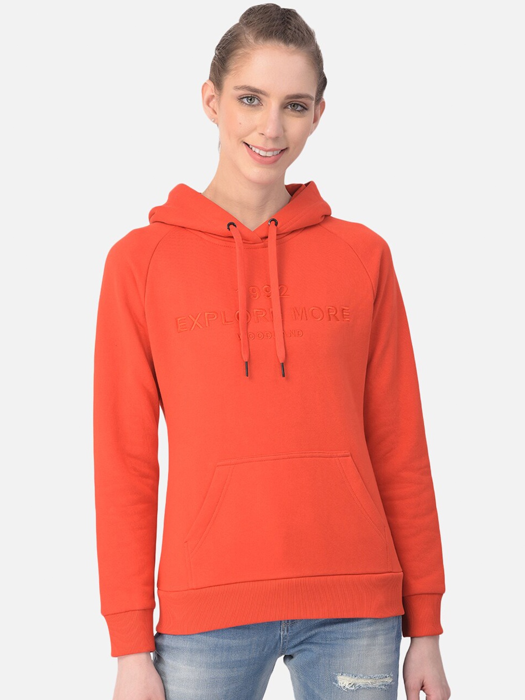 

Woodland Women Red Typography Hooded Sweatshirt