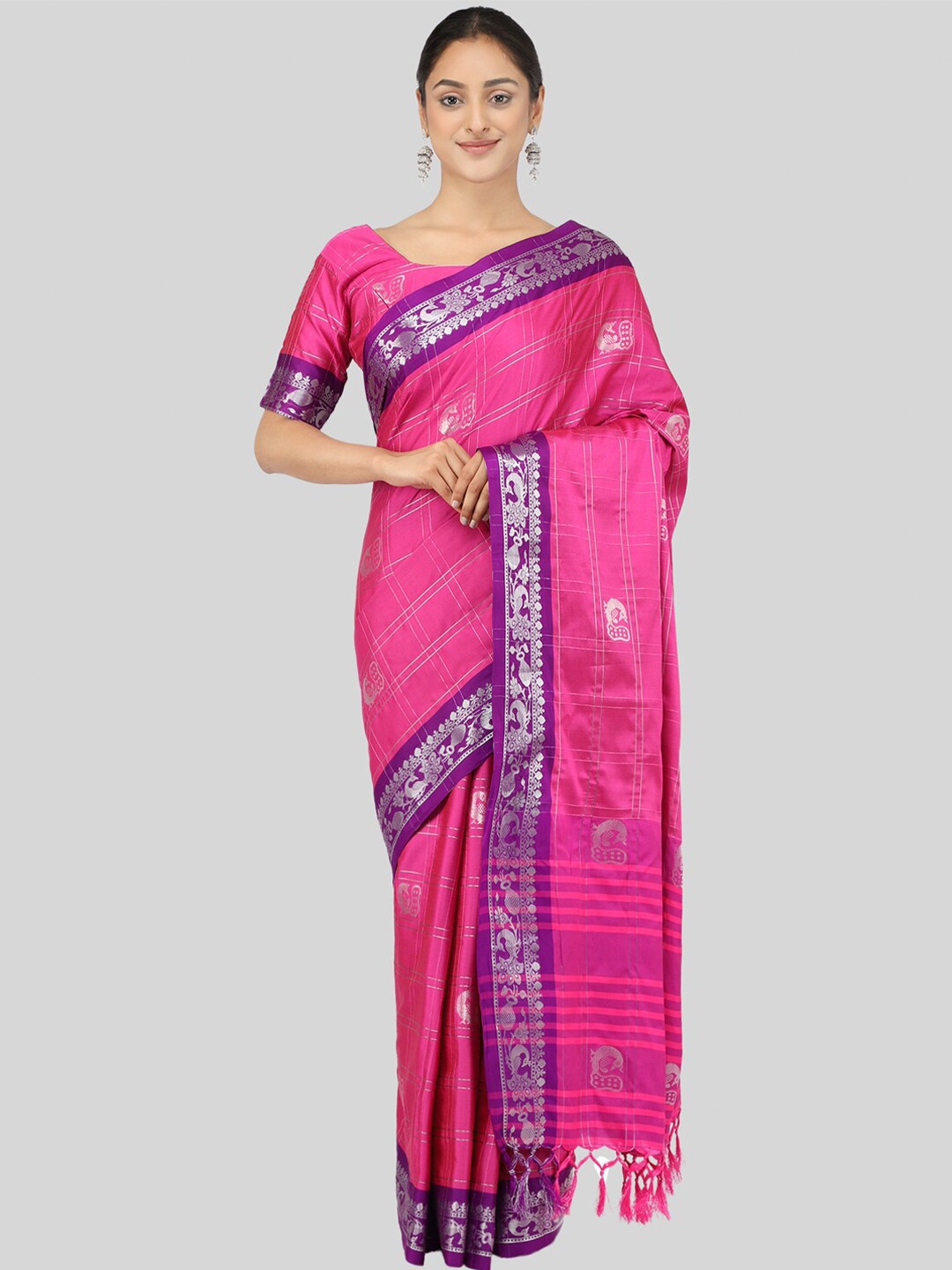 

Mitera Pink & Purple Checked Zari Silk Cotton Mysore Silk Saree