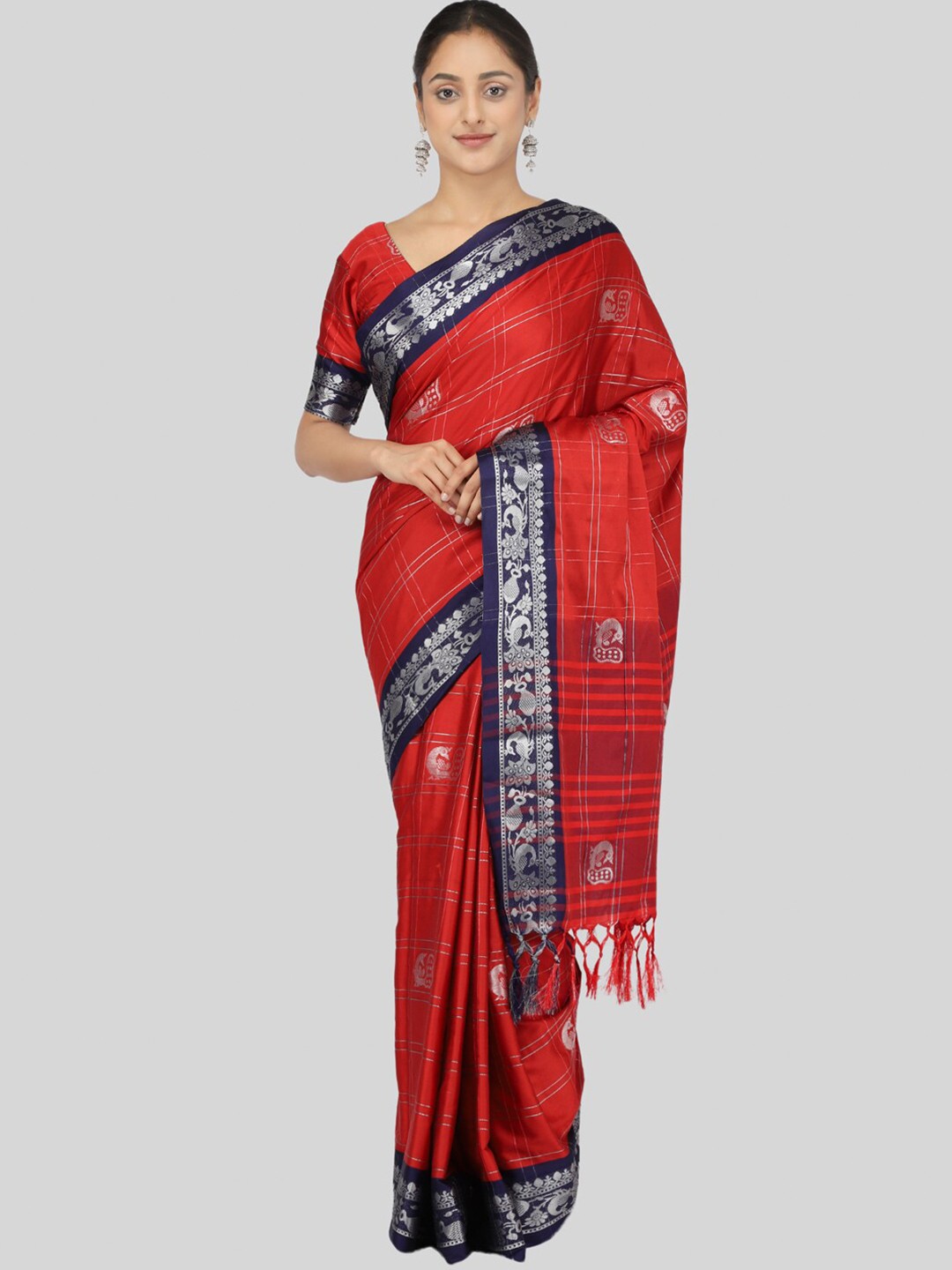 

Mitera Red & Navy Blue Ethnic Motifs Zari Silk Cotton Mysore Silk Saree