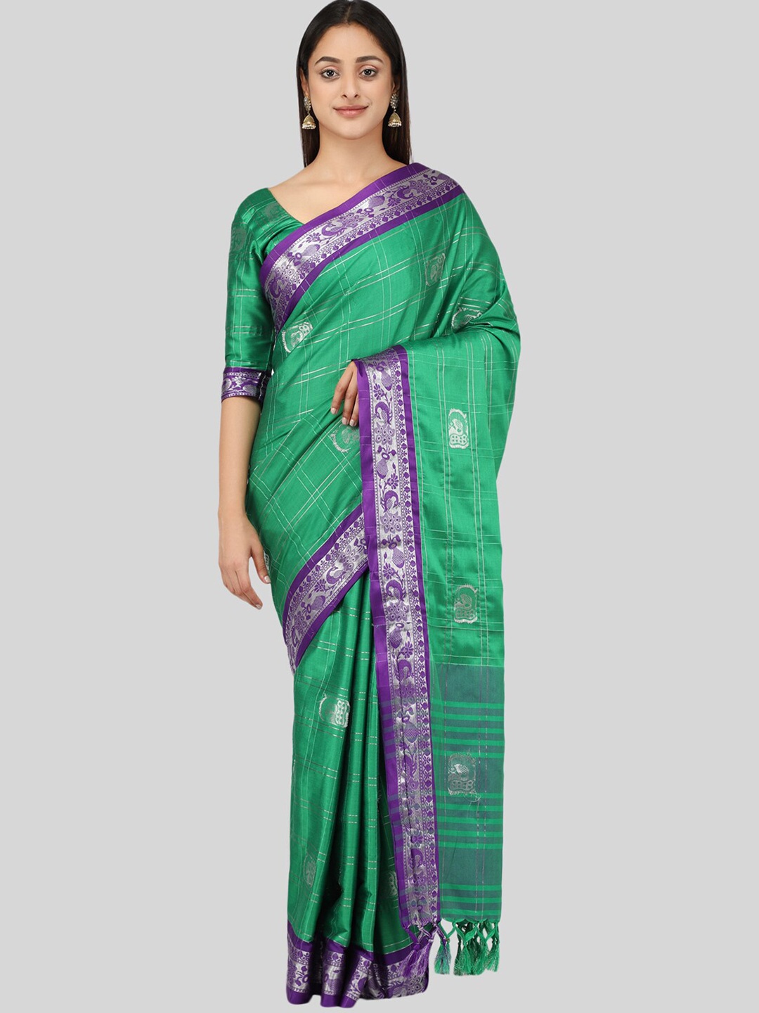 

Mitera Sea Green & Purple Woven Design Zari Silk Cotton Mysore Silk Saree