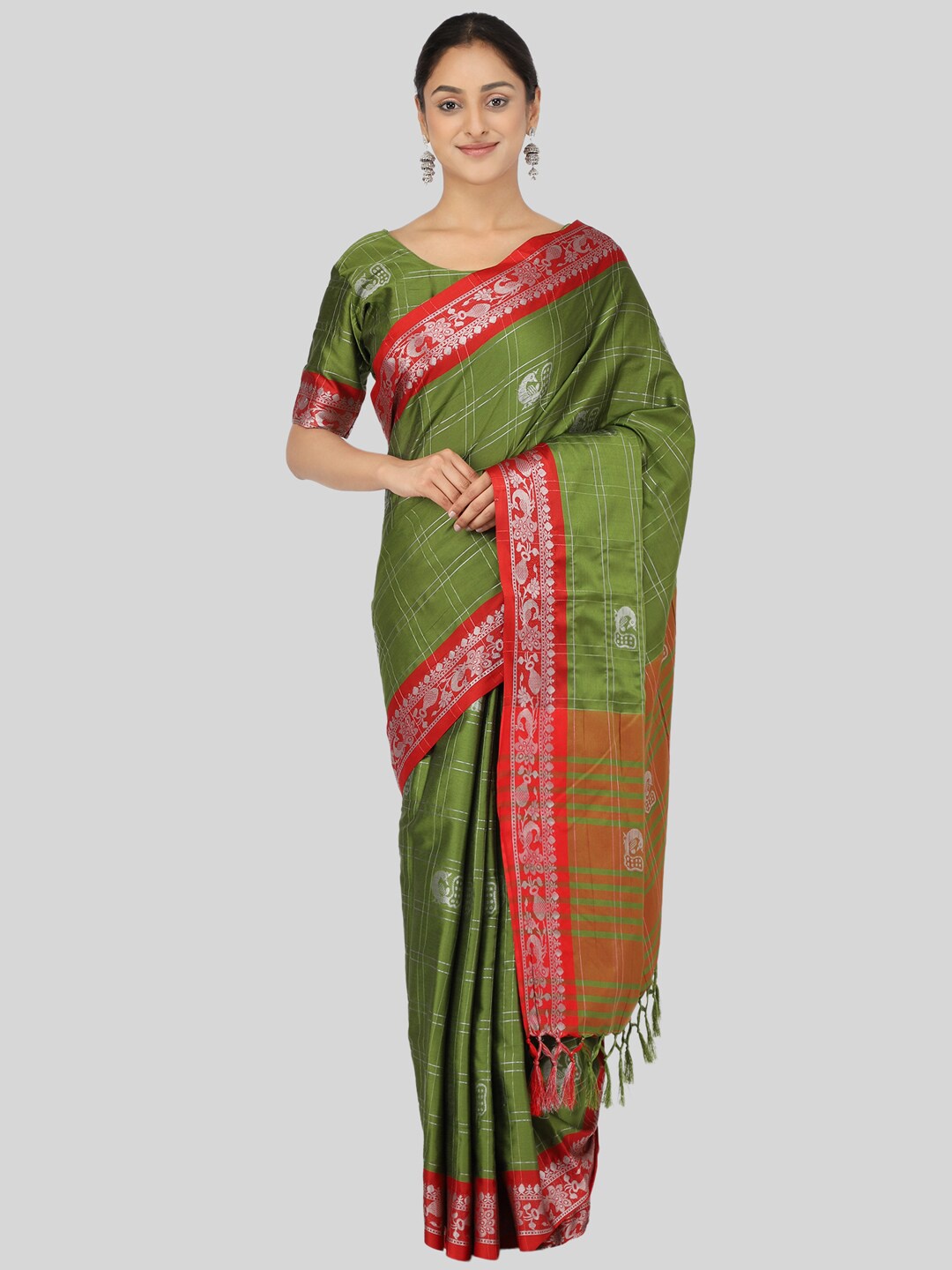 

Mitera Green & Red Woven Design Zari Silk Cotton Mysore Silk Saree