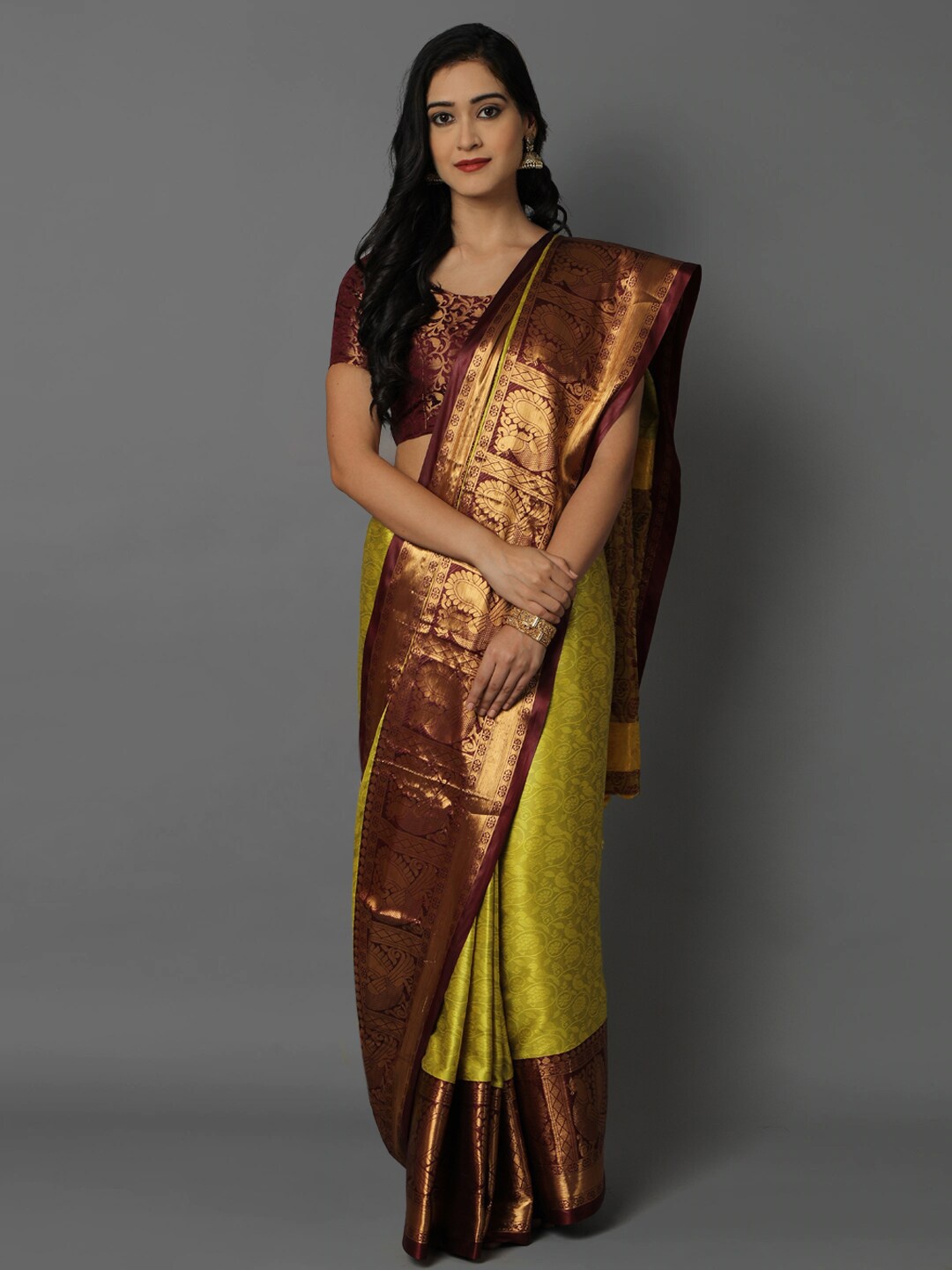 

Mitera Lime Green & Gold-Toned Woven Design Zari Silk Cotton Mysore Silk Saree