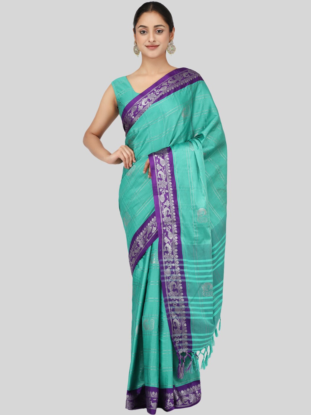

Mitera Turquoise Blue & Purple Ethnic Motifs Zari Silk Cotton Mysore Silk Saree