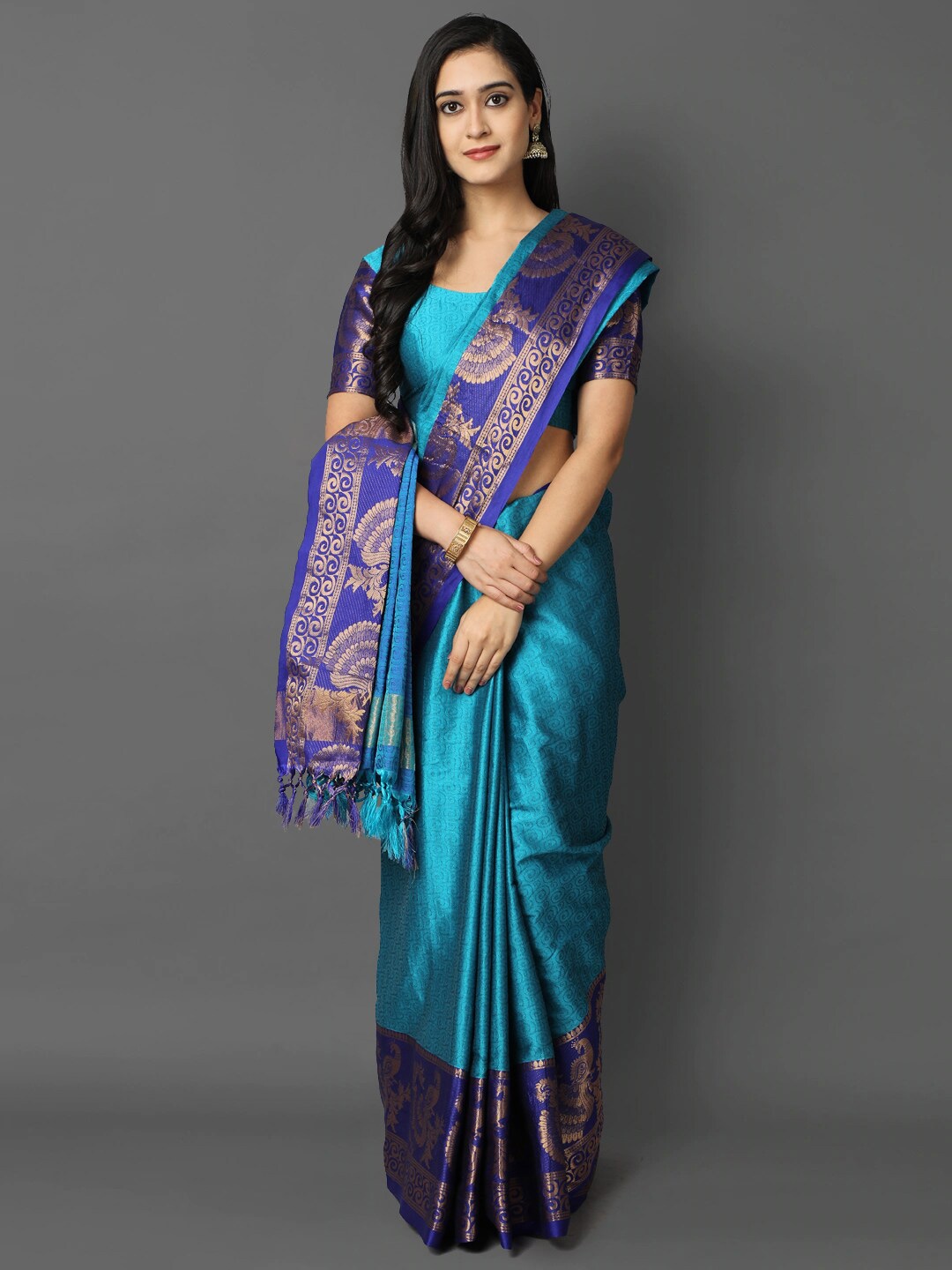 

Mitera Turquoise Blue & Gold-Toned Woven Design Zari Silk Cotton Mysore Silk Saree
