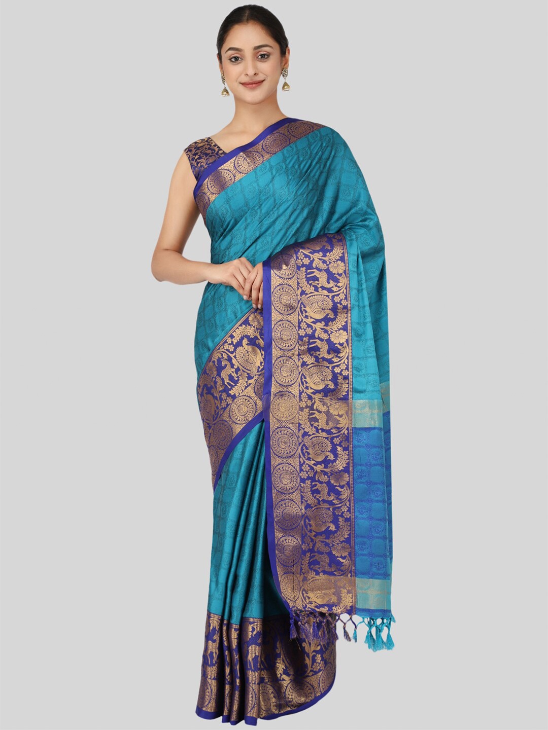 

Mitera Turquoise Blue & Gold-Toned Ethnic Motifs Zari Silk Cotton Mysore Silk Saree